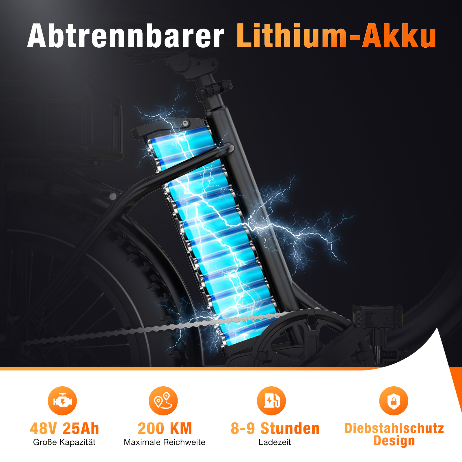 Ein E-Bike mit abnehmbarem Lithium-Akku. Spezifikationen: 48V 25Ah, 200 km Reichweite, 8-9 Stunden Ladezeit, Diebstahlschutz.