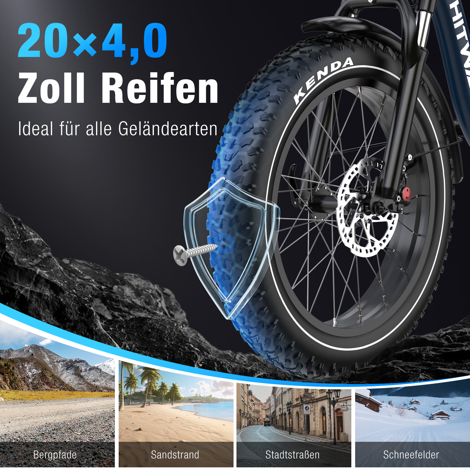 Ein E-Bike-Reifen mit dem Text „KENDA“. Szenen eines Bergpfades, Strandes, einer Stadtstraße und eines Schneefeldes.