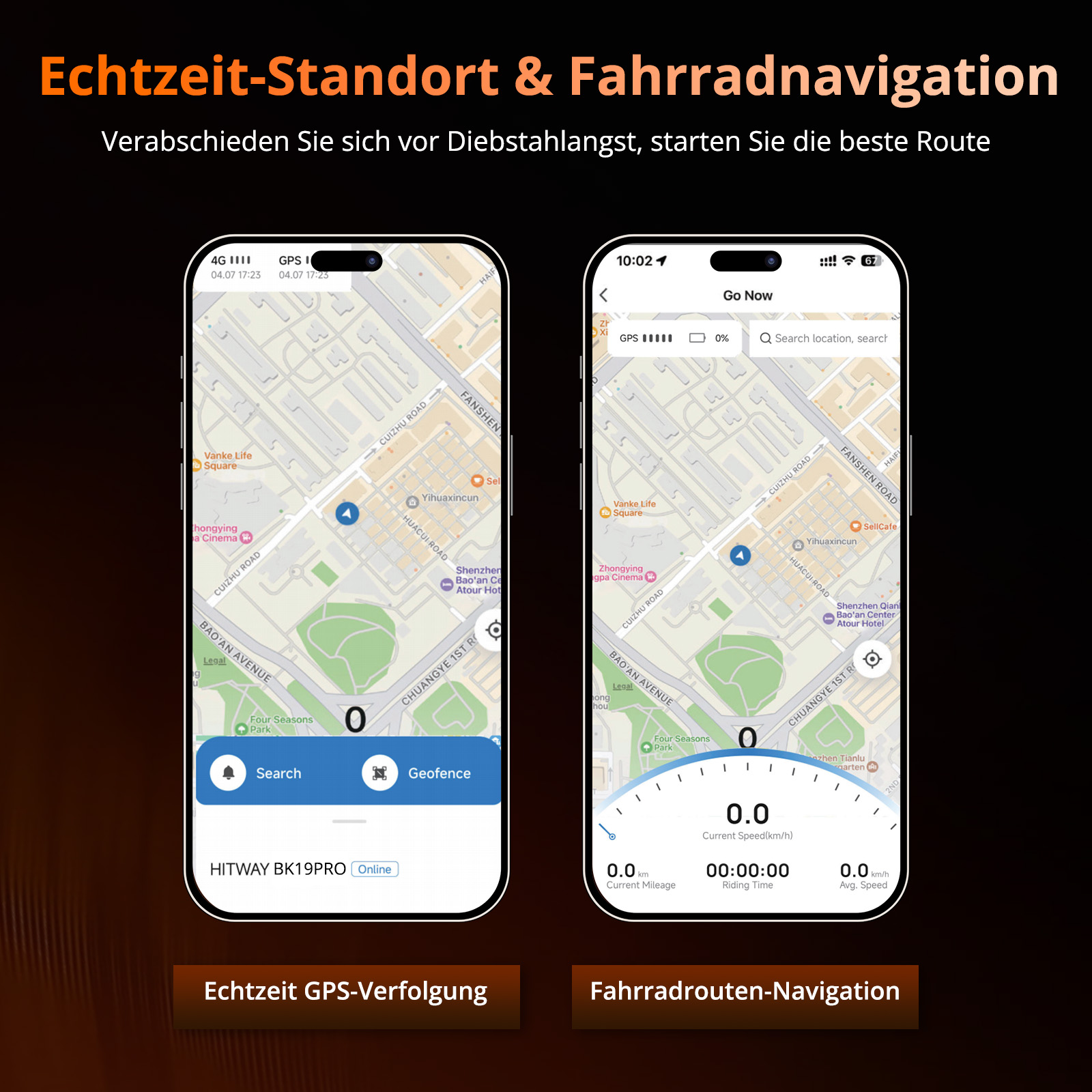 Zwei Telefone zeigen eine Karten-App mit Navigationsfunktionen und Daten zu Geschwindigkeit, Entfernung und Zeit.