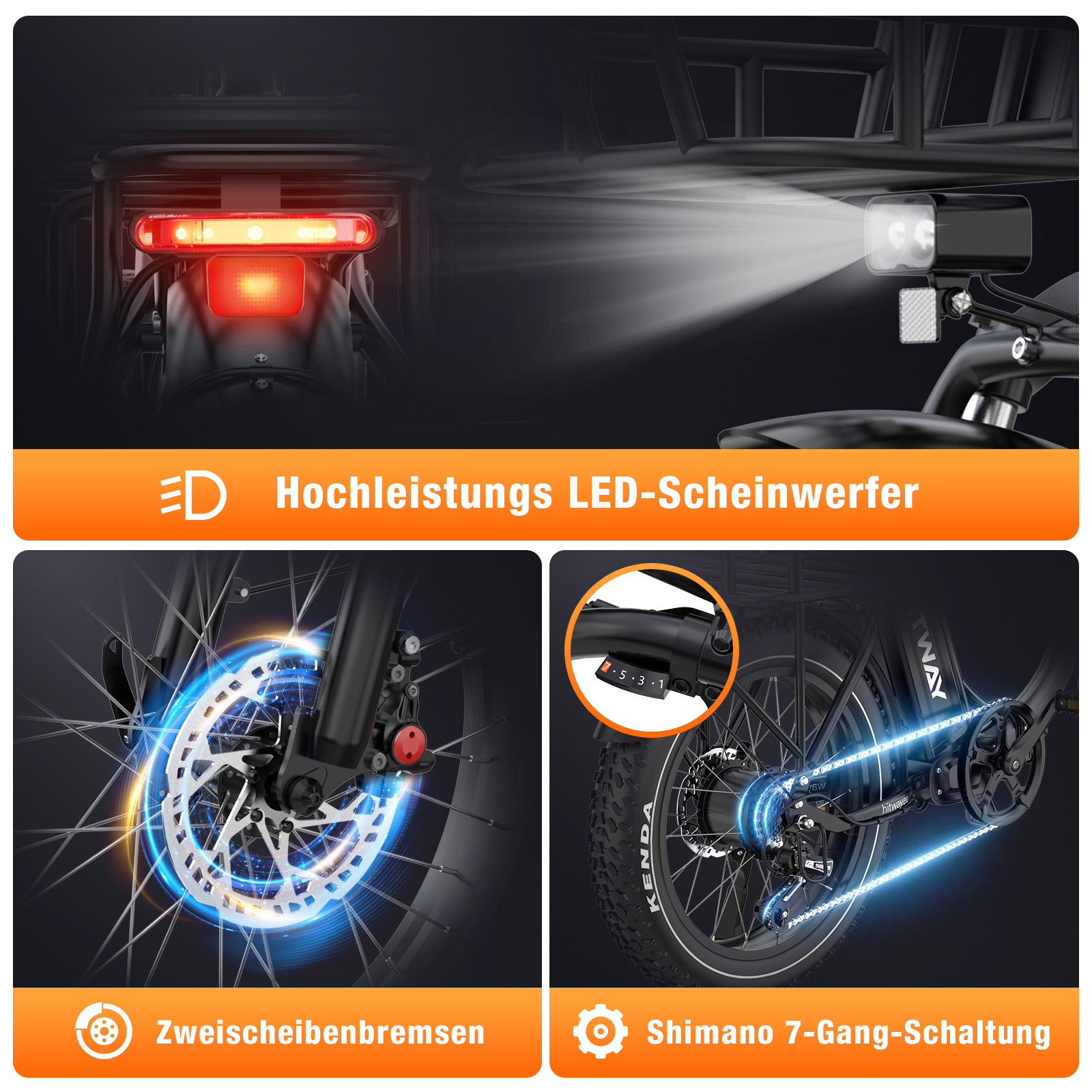 E-Bike mit LED-Scheinwerfer, Scheibenbremsen und 7-Gang-Shimano. Zeigt Rücklicht, Scheinwerfer, Scheibenbremsen und Gangschaltung.