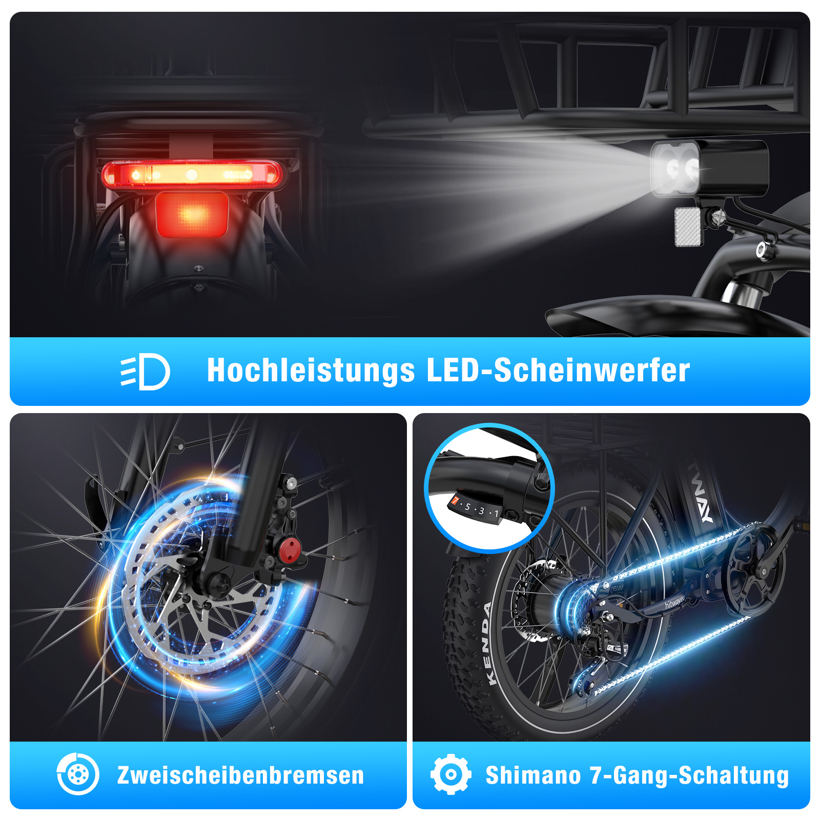 Detail eines Elektrofahrrads mit Lichtern, Bremsen und Gangschaltung. Enthält Nahaufnahmen von Scheinwerfer, Scheibenbremsen und Shimano-Gang.