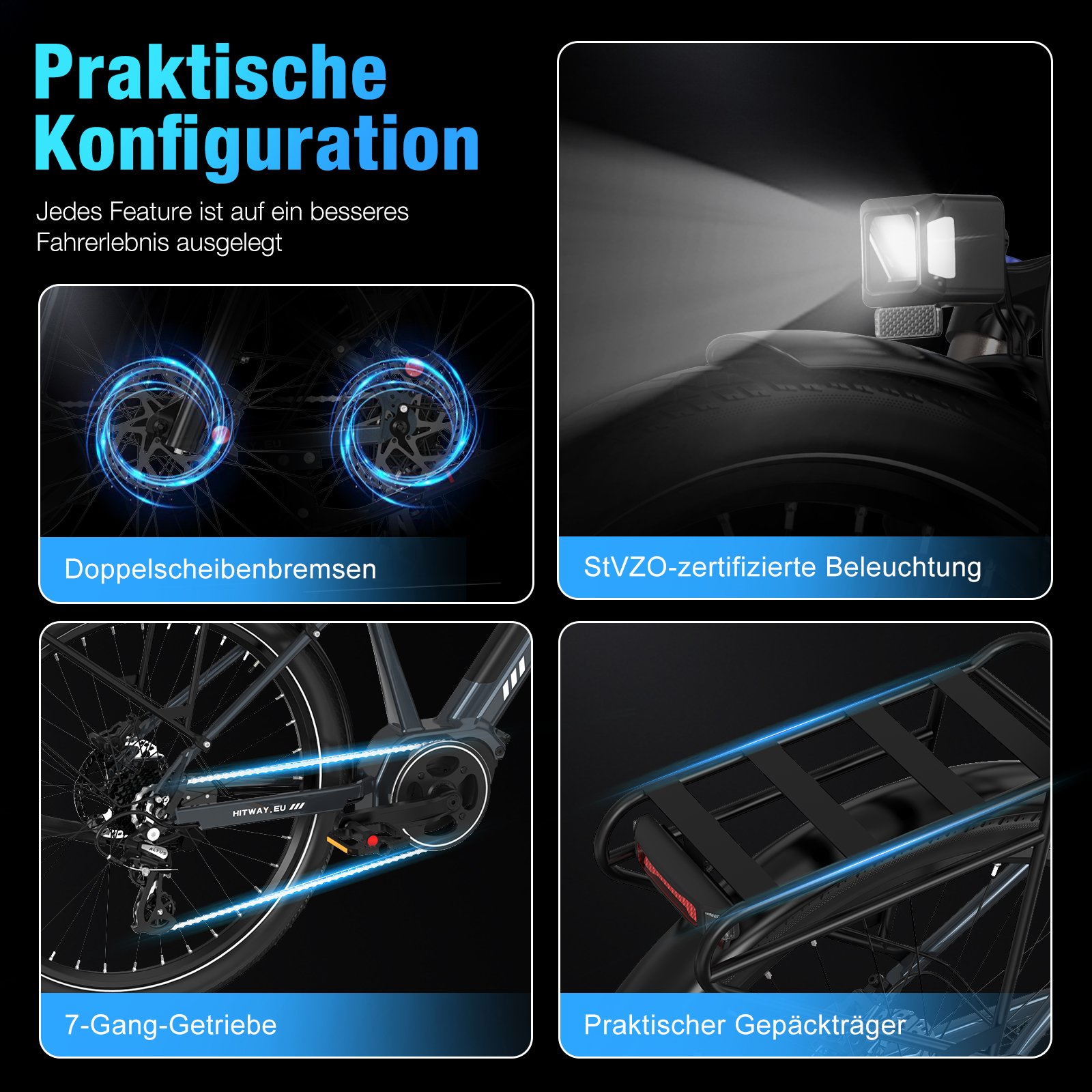 Das Bild zeigt Fahrradteile: Scheibenbremsen, Lichter, 7-Gang-Getriebe und einen Gepäckträger. Alle sind blau hervorgehoben.