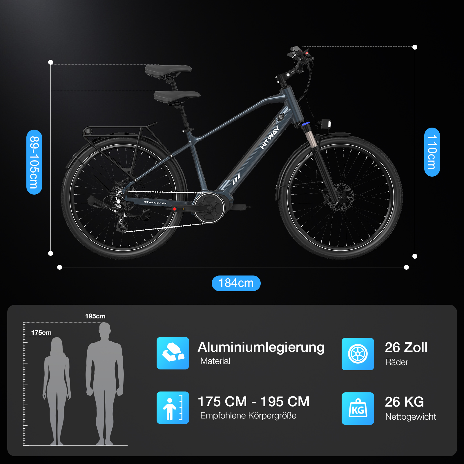 Ein graues HITWAY E-Bike mit Abmessungen. Spezifikationen: Aluminiumlegierung, 26-Zoll-Räder und 26 kg Gewicht.