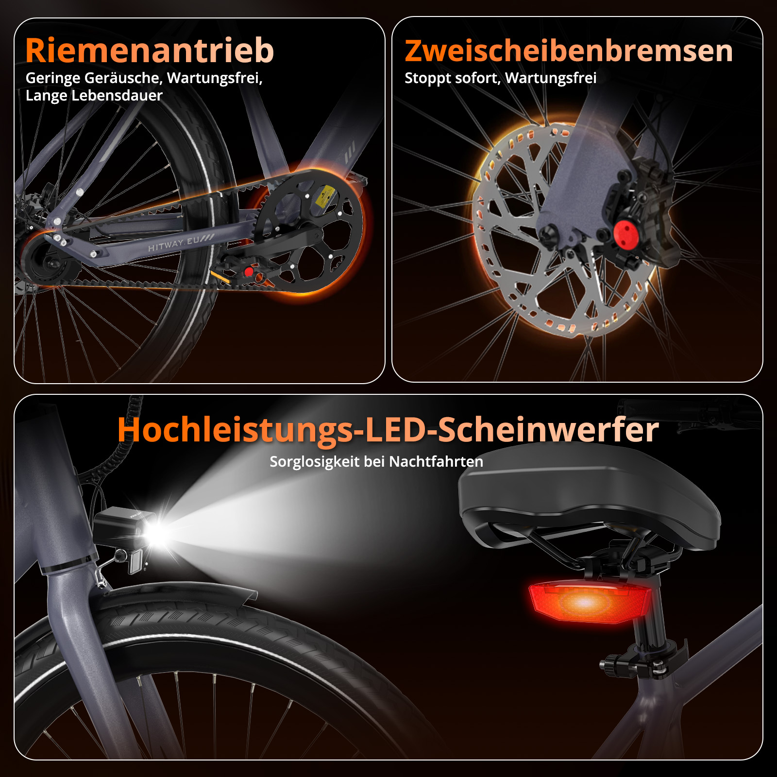 Ein Fahrrad mit Scheibenbremsen, LED-Scheinwerfer und Riemenantrieb. Details heben die Eigenschaften hervor.