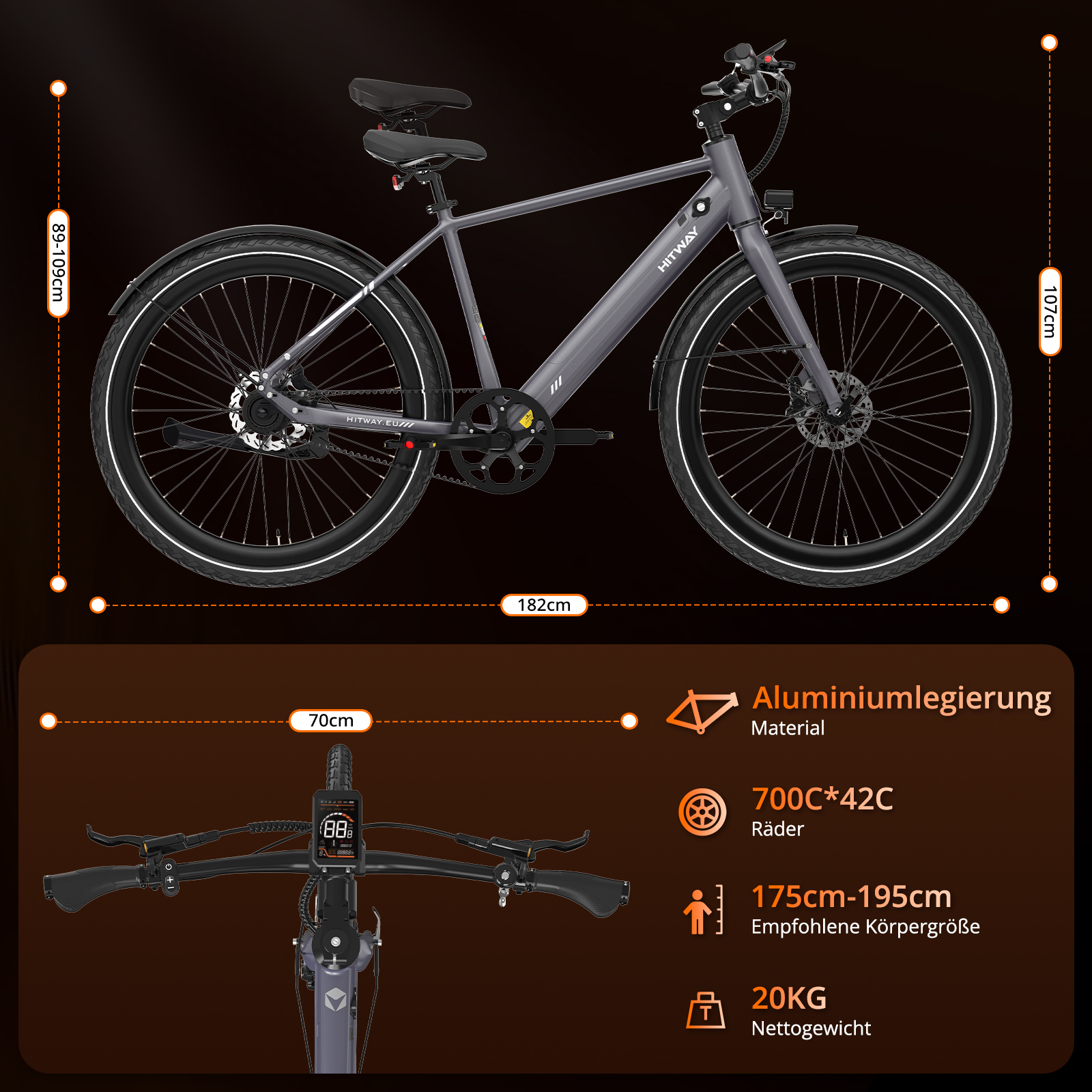 Graues HITWAY E-Bike mit Maßangaben. Details umfassen Aluminiumlegierung, 700C*42C Räder und empfohlene Körpergröße.