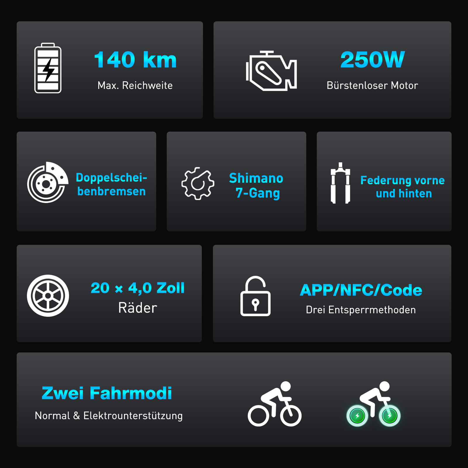Bild mit Icons, die ein E-Bike beschreiben: Reichweite, Motor, Bremsen, Gänge, Federung und Entsperrmethoden.