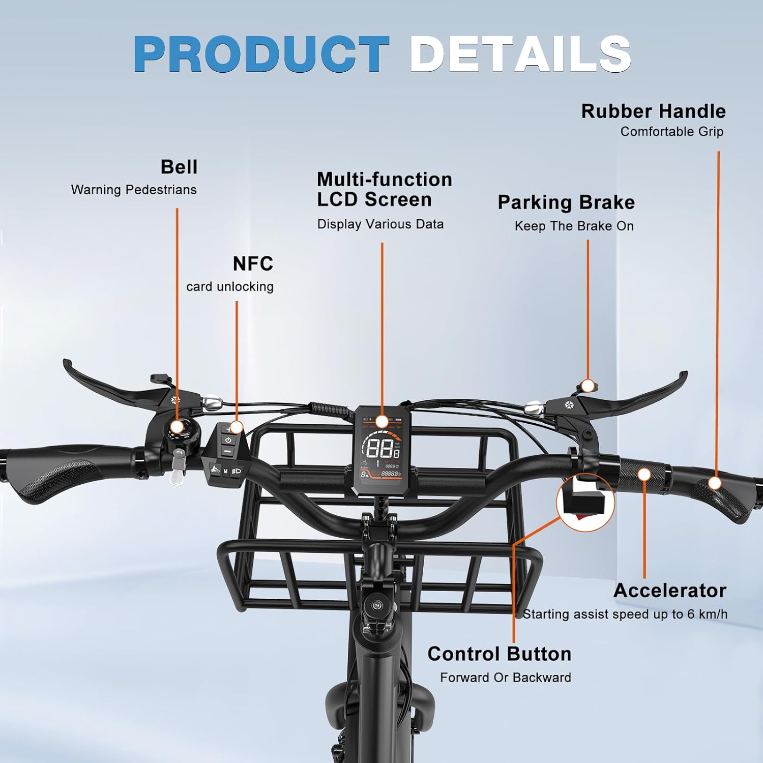 Nahaufnahme des E-Scooter-Lenkers mit Details wie Klingel, LCD-Bildschirm, Feststellbremse und Gaspedal.