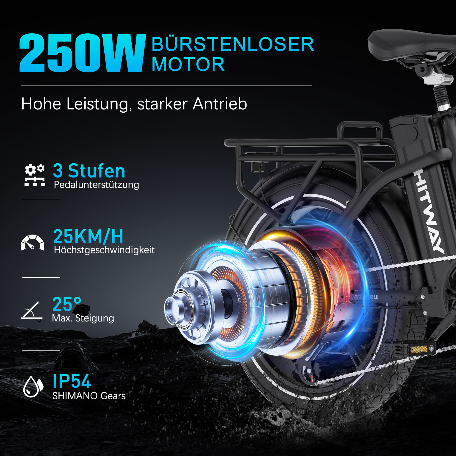 Ein Elektrofahrrad mit detaillierter Ansicht des Motors. Text zeigt 250W, 25km/h, 25° Steigung und IP54 Shimano-Getriebe.