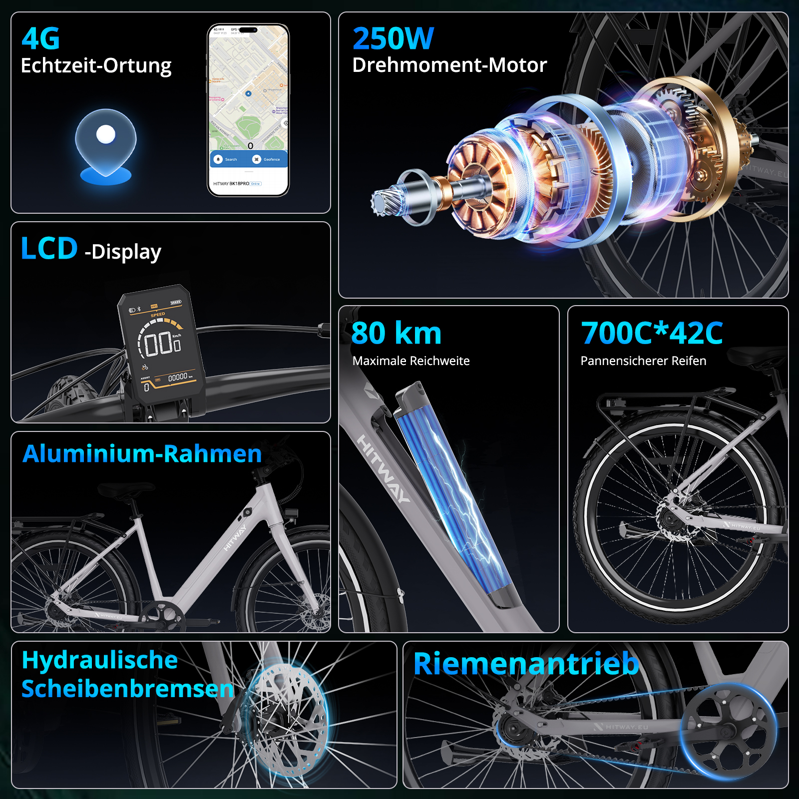 Ein Elektrofahrrad mit 4G-Ortung, LCD-Anzeige, 250W-Motor, 80 km Reichweite, Scheibenbremsen und pannensicheren Reifen.