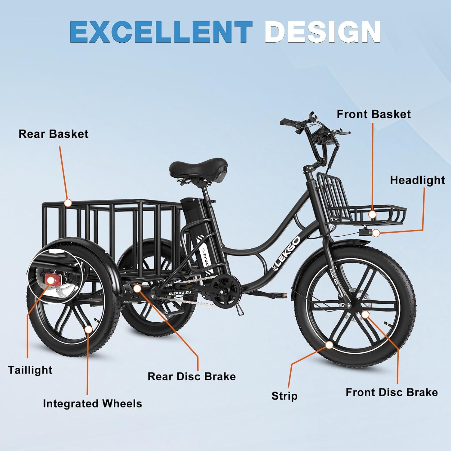 Ein schwarzes Dreirad mit Heckkorb und Frontkorb. Es hat integrierte Räder, einen Scheinwerfer und ein Rücklicht. Der Text darauf lautet „Excellent Design“.