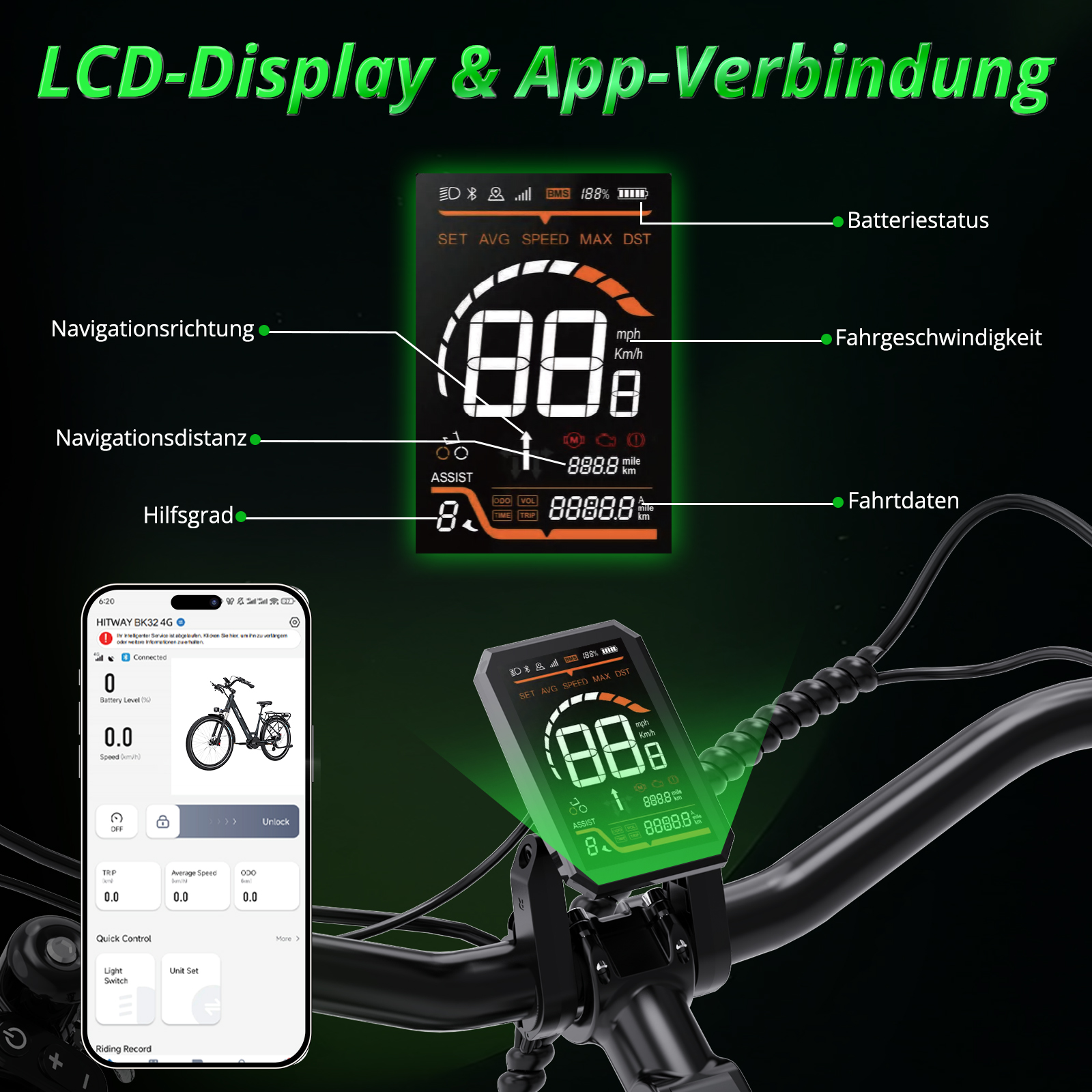 Ein E-Bike-Display zeigt Geschwindigkeit, Batterie und Entfernung. Ein Telefon zeigt Bike-Infos. Schwarzer Lenker im Vordergrund.