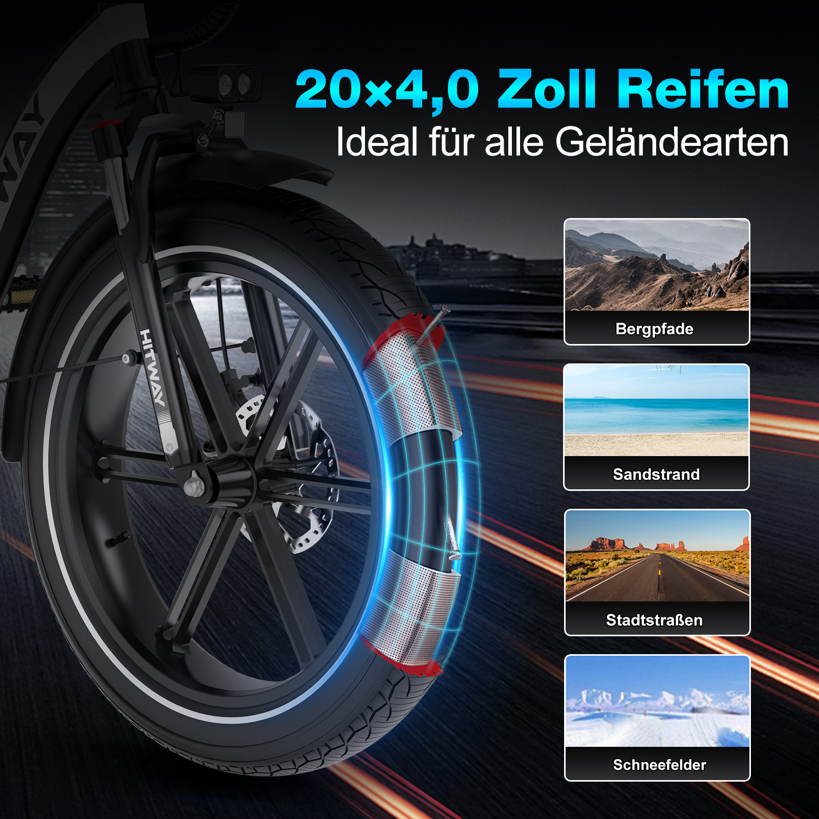 Schwarzer E-Bike-Reifen mit blauem Leuchten. Text: 20x4,0 Zoll Reifen. Bilder zeigen Gelände: Berge, Strand, Straße, Schnee.