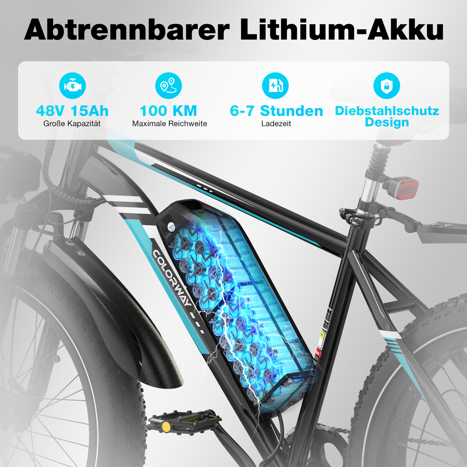 Ein Elektrofahrrad mit sichtbarem Akku, schwarzem Rahmen und verschiedenen Details. Informationstafeln zeigen Spezifikationen.