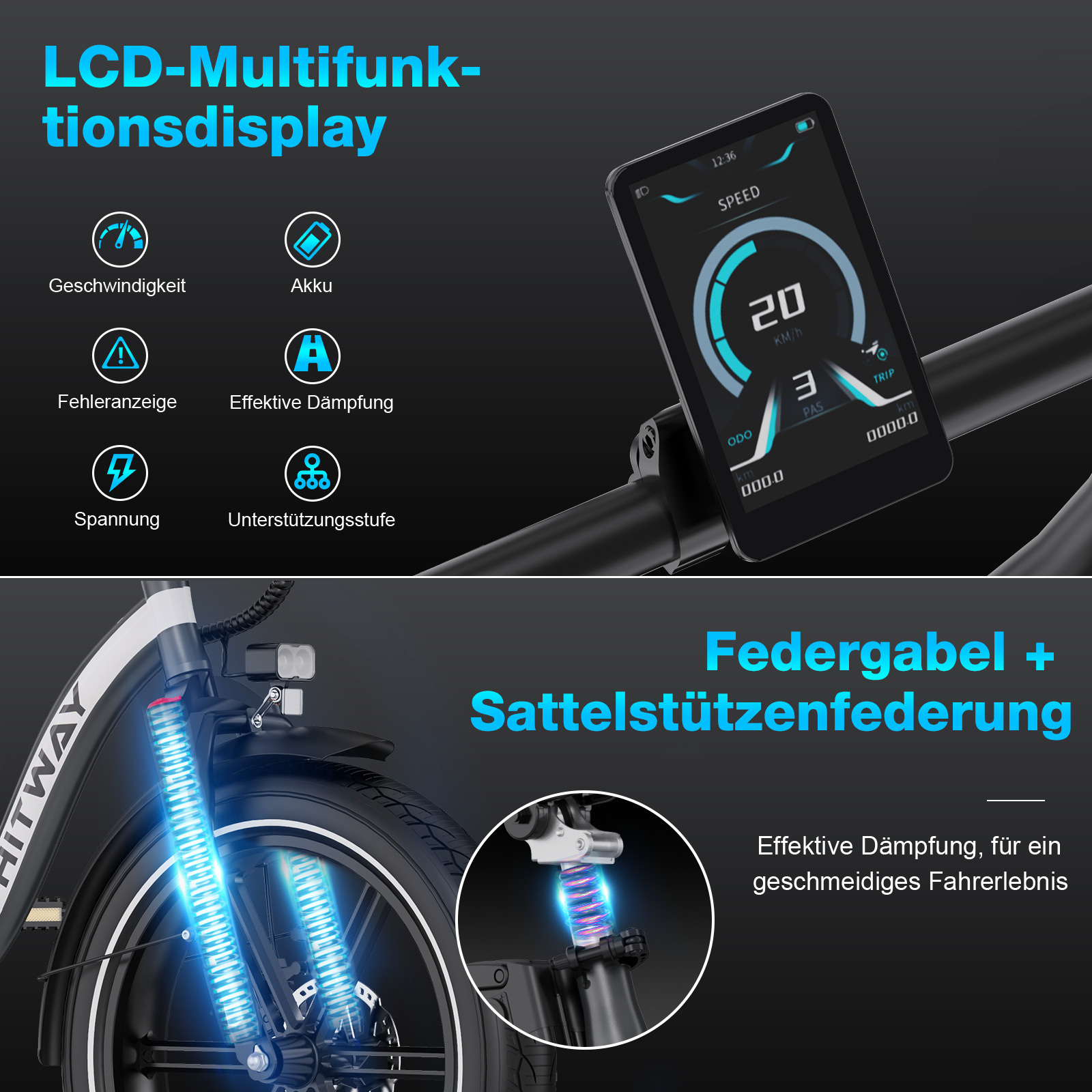 Ein E-Bike-Display zeigt Geschwindigkeit, Akku und weitere Infos. Vorderradaufhängung und Sattelstütze werden hervorgehoben.