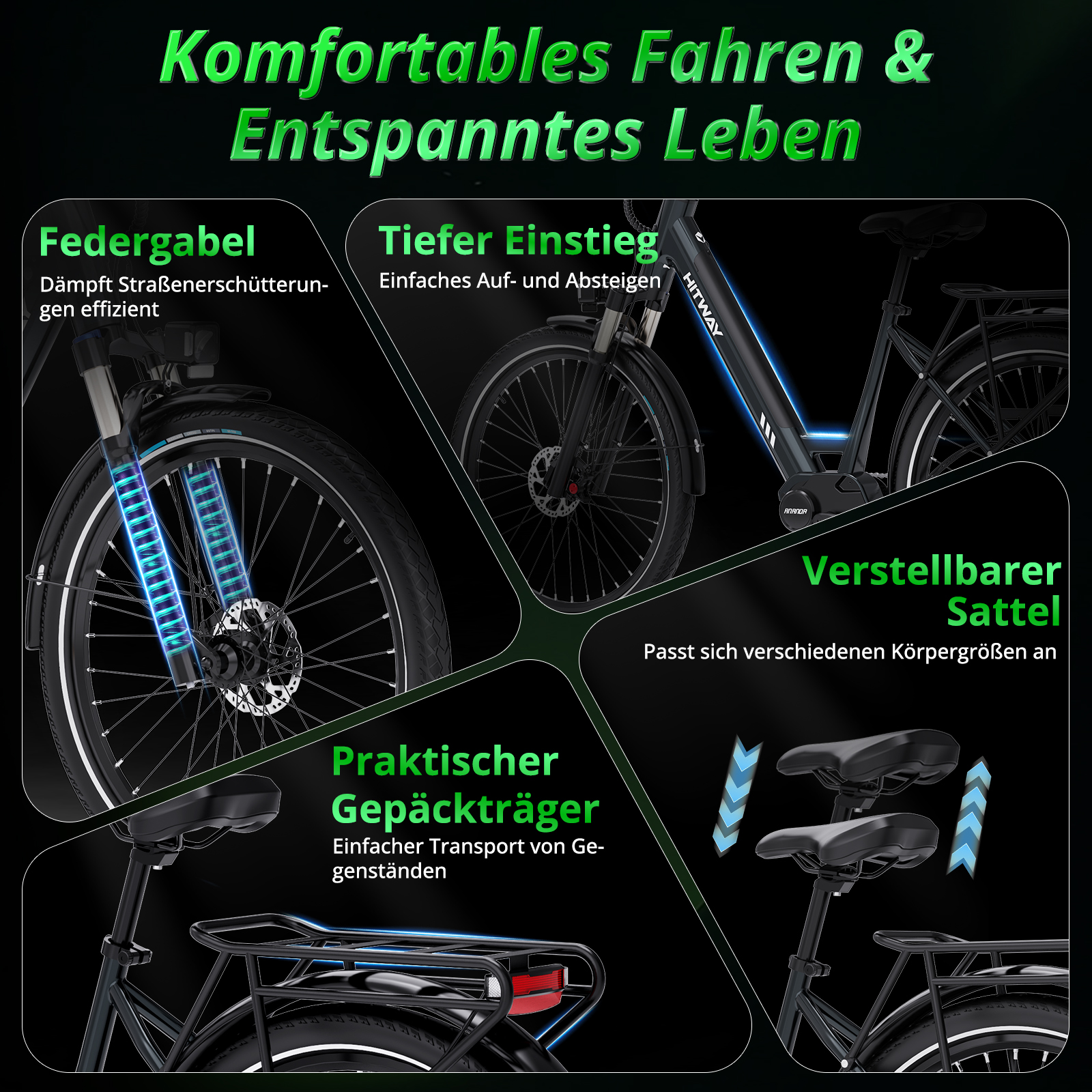 Werbung für ein HITWAY E-Bike, mit Federung, leichtem Einstieg, verstellbarem Sattel und Gepäckträger.