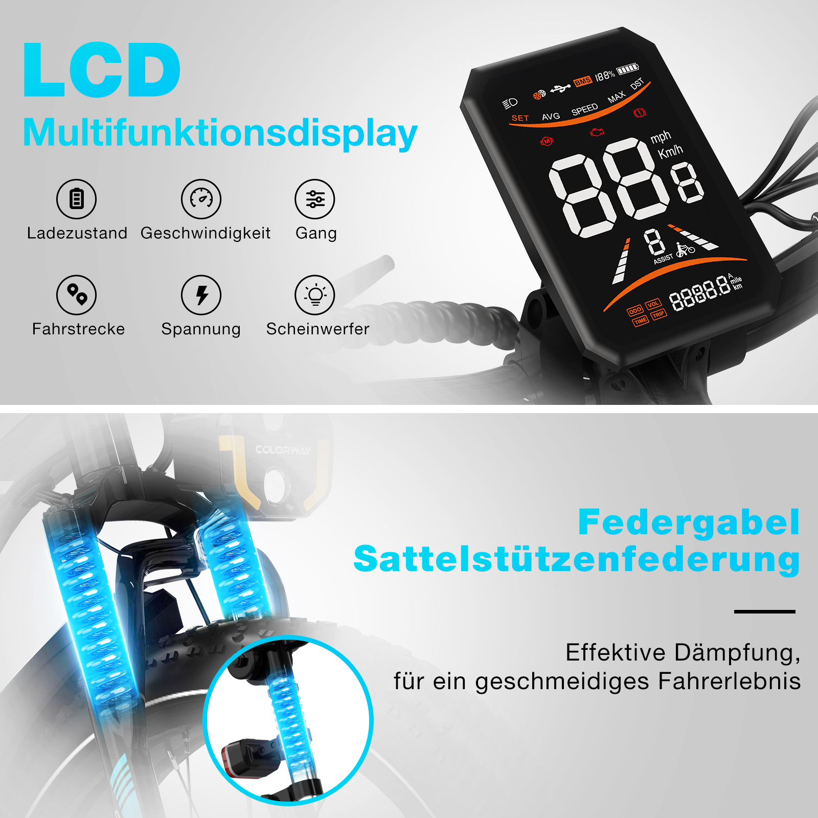 Ein Elektrofahrrad-Display mit Geschwindigkeit, Batterie usw. Vorderradaufhängung und blaue Lichter sind ebenfalls sichtbar.