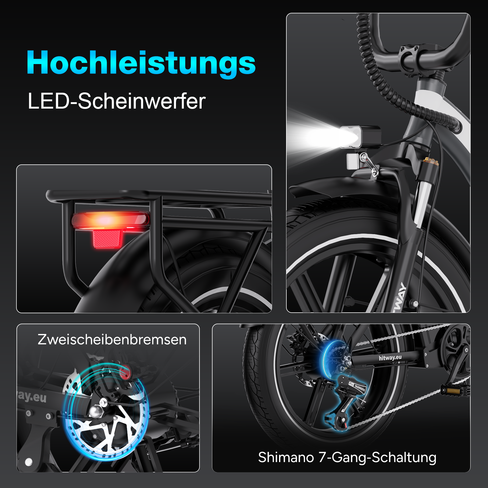 Ein E-Bike mit hellem Scheinwerfer, Scheibenbremsen und Shimano 7-Gang-Schaltung. Details des Fahrrads werden gezeigt.