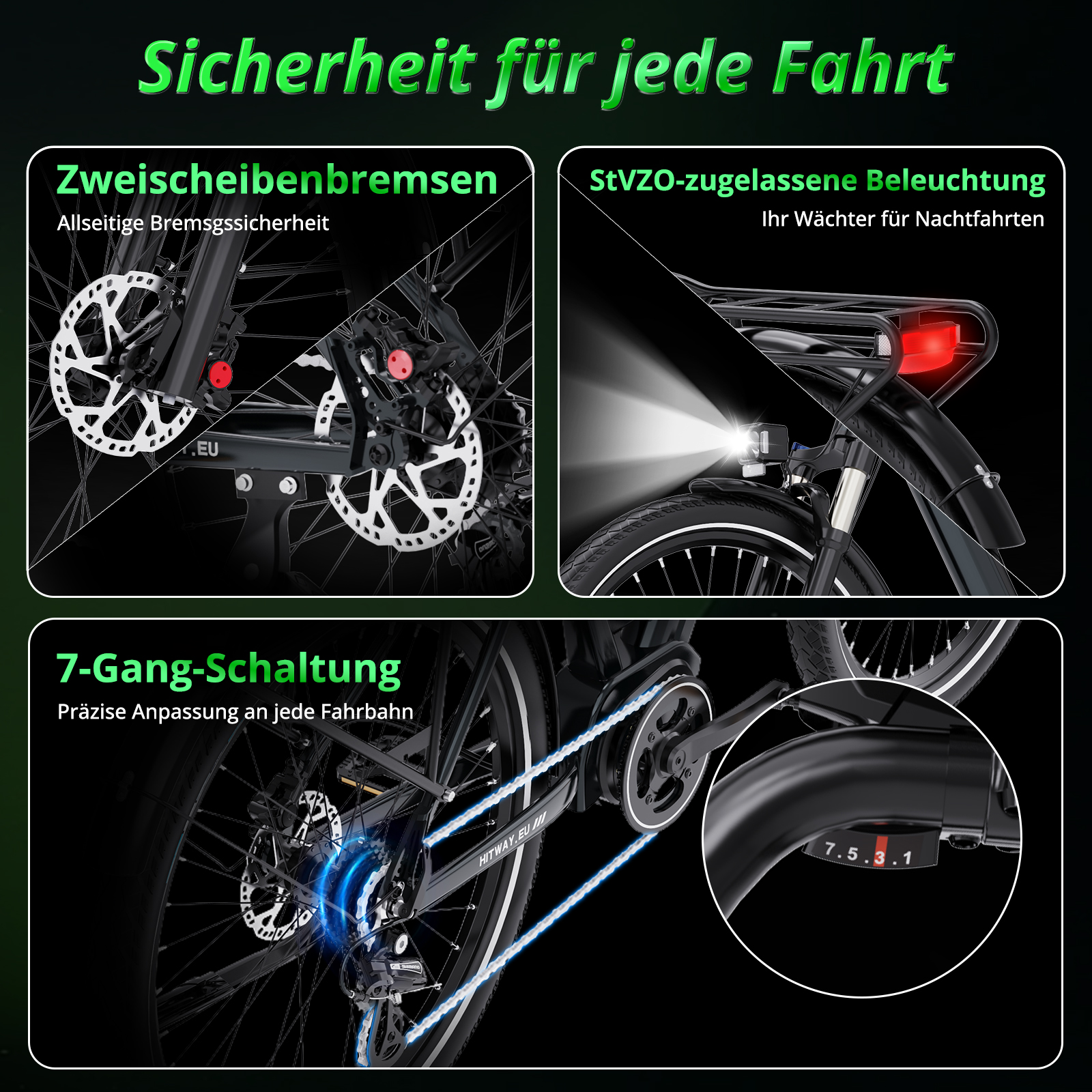 Das Bild zeigt Fahrradmerkmale: Doppelscheibenbremsen, StVZO-Lichter und 7-Gang-Schaltung. Text ist auf Deutsch.