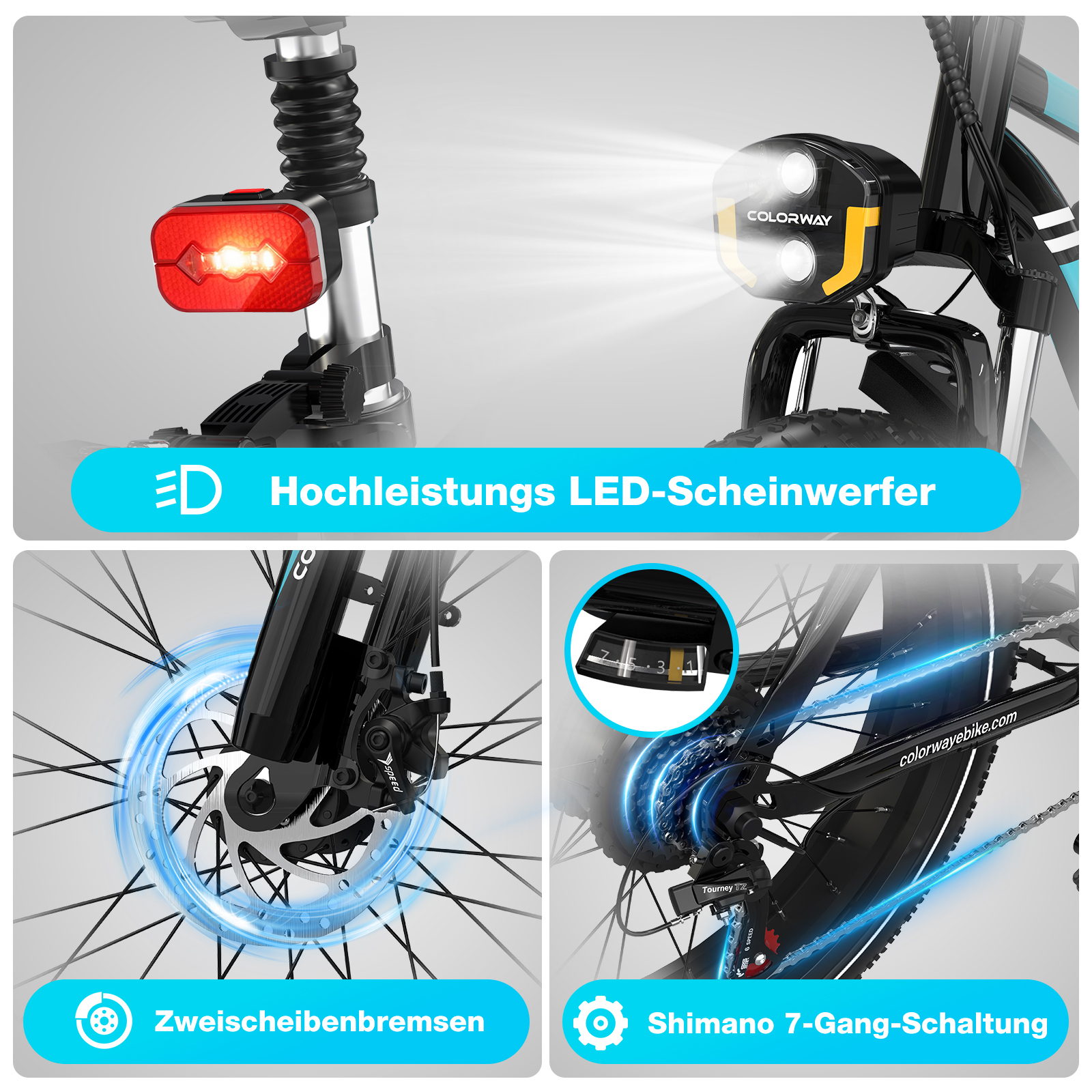 E-Bike mit hellem Scheinwerfer, Bremsscheiben und Shimano 7-Gang-Schaltung.