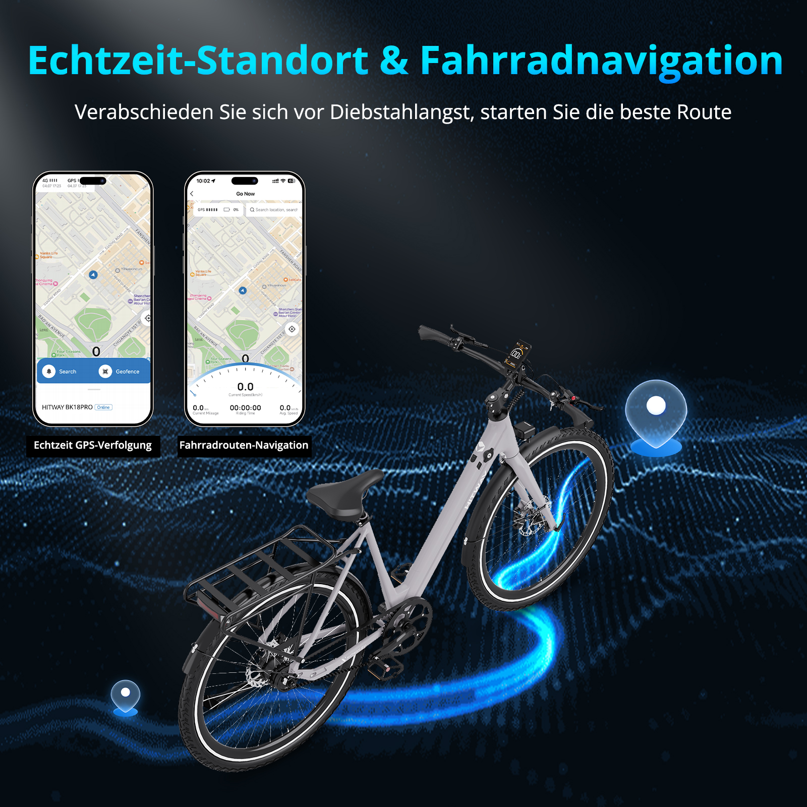 Graues Elektrofahrrad mit blauen Lichtspuren, zwei Telefone mit Karten und Text über GPS-Tracking und Navigation.