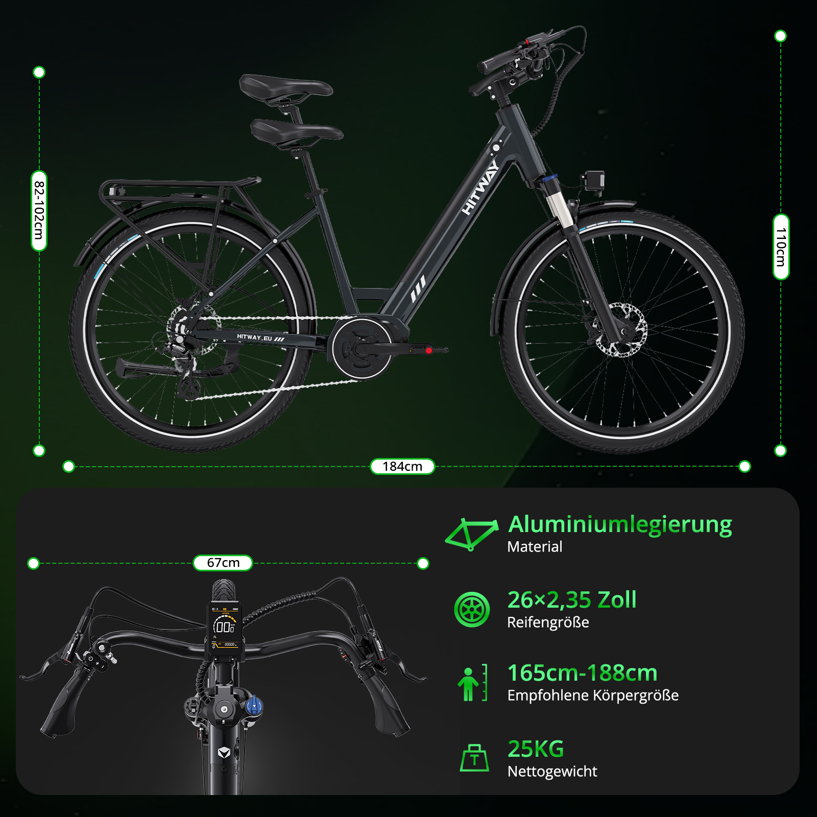 Ein schwarzes HITWAY-Elektrofahrrad mit Abmessungen und Spezifikationen. Es enthält Radgröße, Gewicht und Materialdetails.