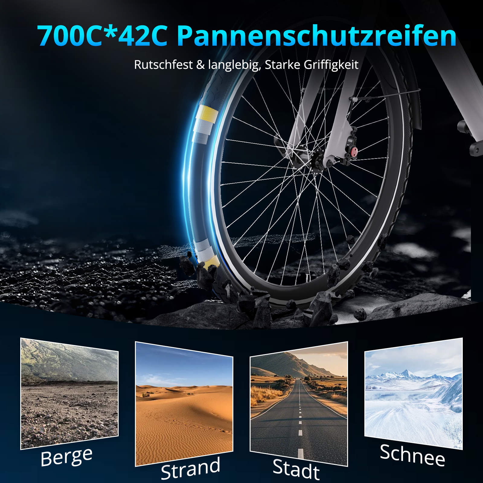 Fahrradreifen mit Text, darunter vier Landschaftsbilder: Berge, Wüste, Straße und Schnee.