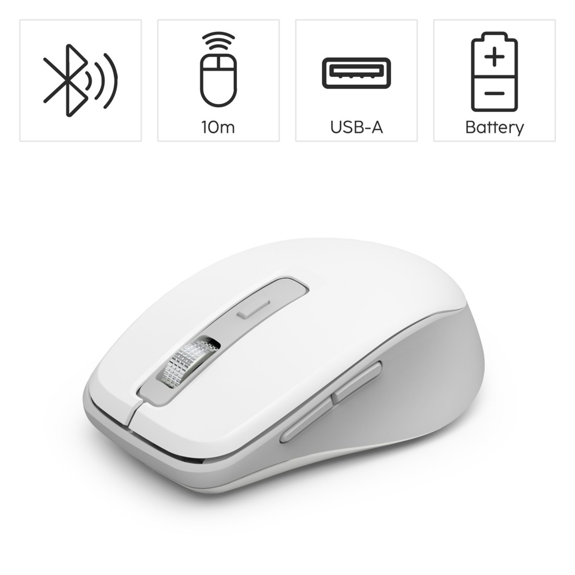 Eine weiße und graue kabellose Maus. Symbole für Bluetooth, Reichweite, USB-A und Akku befinden sich über der Maus.