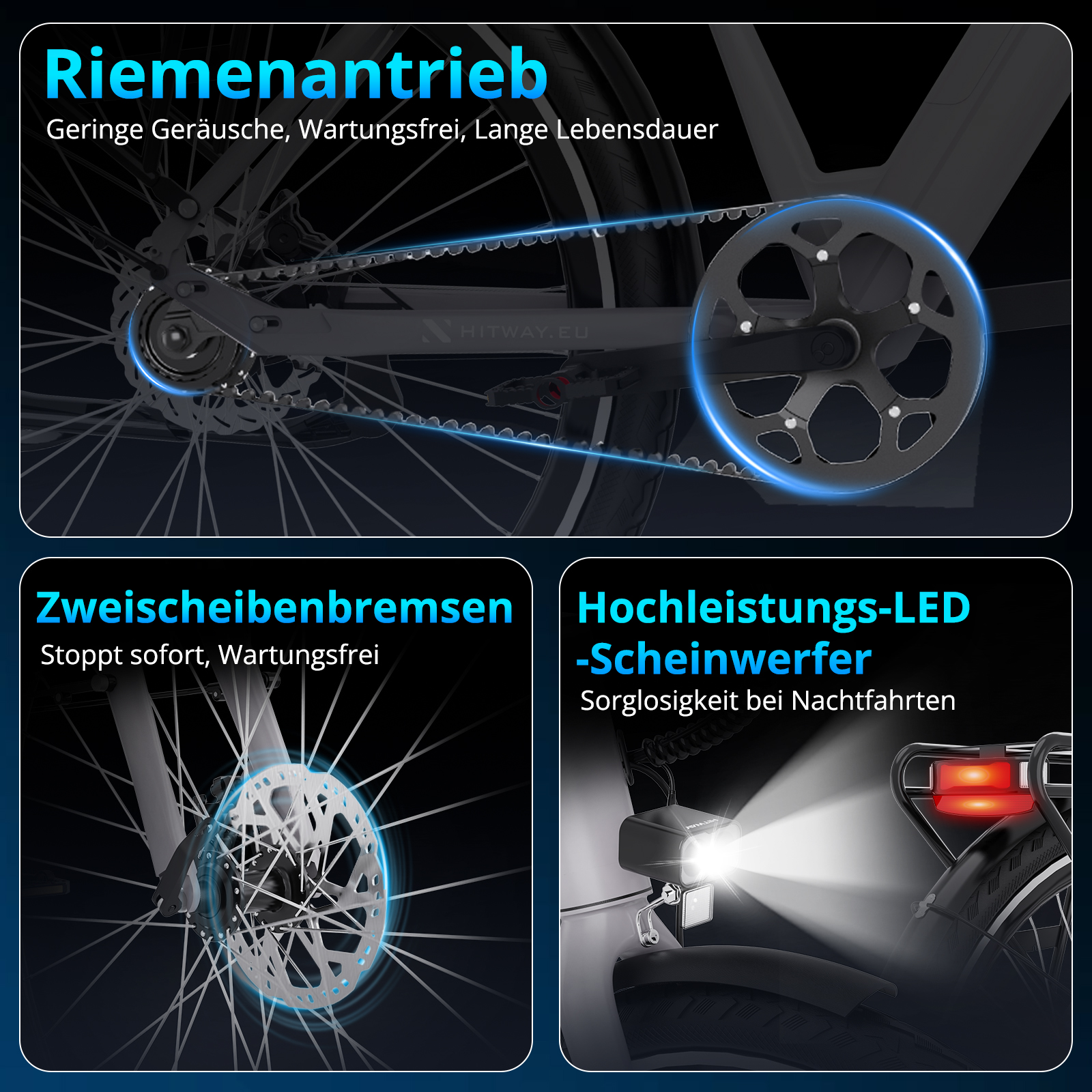 Fahrradkomponenten: Riemenantrieb, Scheibenbremsen und LED-Scheinwerfer. Blaue Highlights auf dunklem Hintergrund.