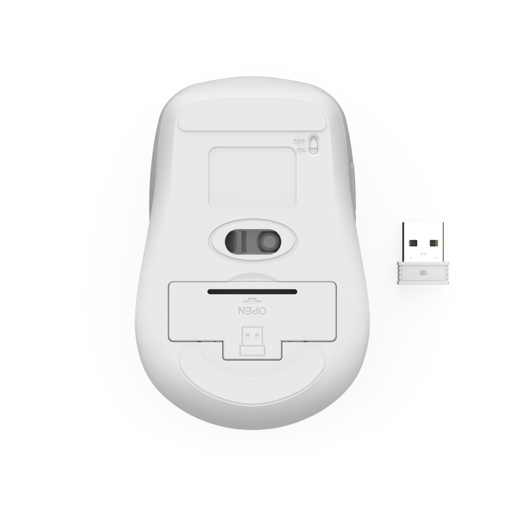 Weiße Computermaus mit USB-Empfänger. Die Unterseite zeigt Batteriefach und Netzschalter.