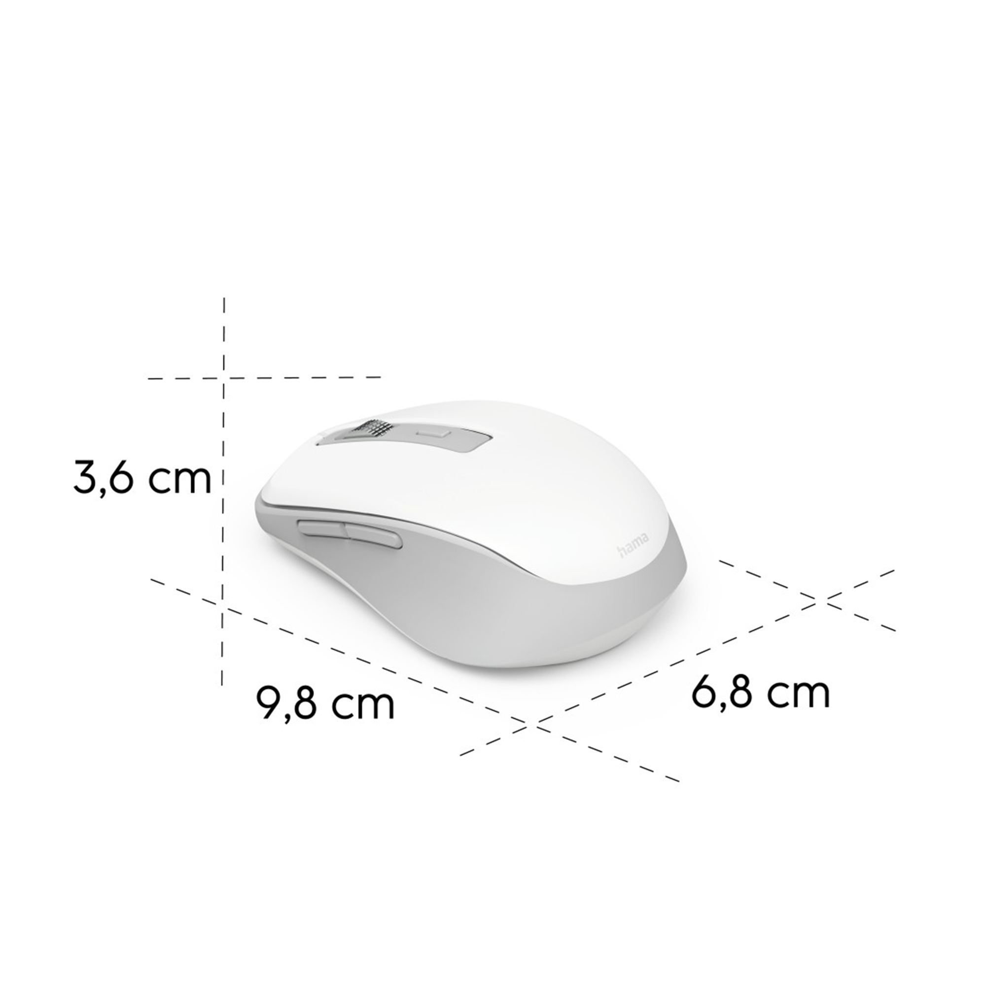 Eine weiße und graue Computermaus mit den Maßen 9,8 cm, 6,8 cm und 3,6 cm. Sie hat das 'hama' Logo.