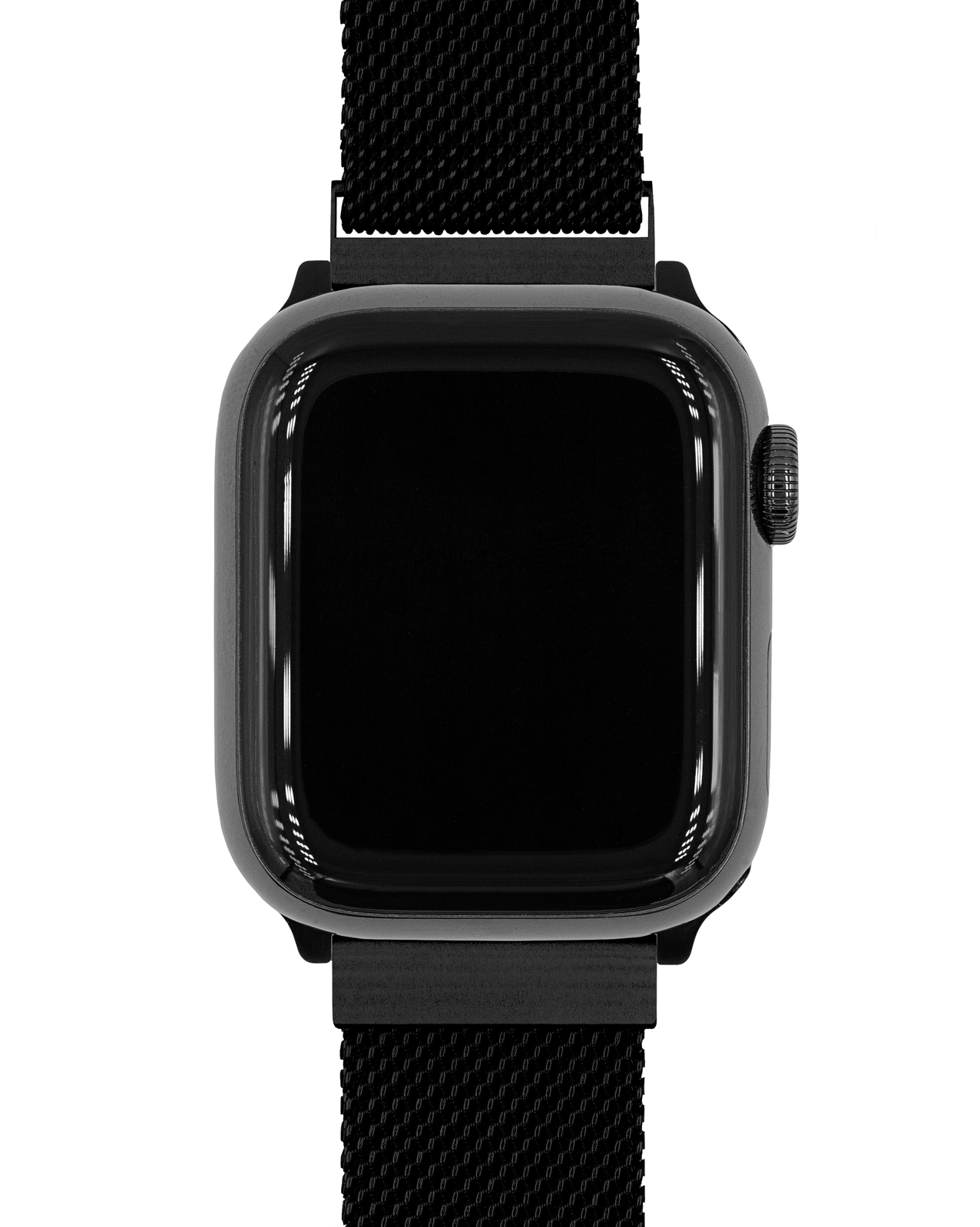 Nahaufnahme einer schwarzen Smartwatch mit Mesh-Armband. Das Zifferblatt ist schwarz. Der Hintergrund ist weiß.