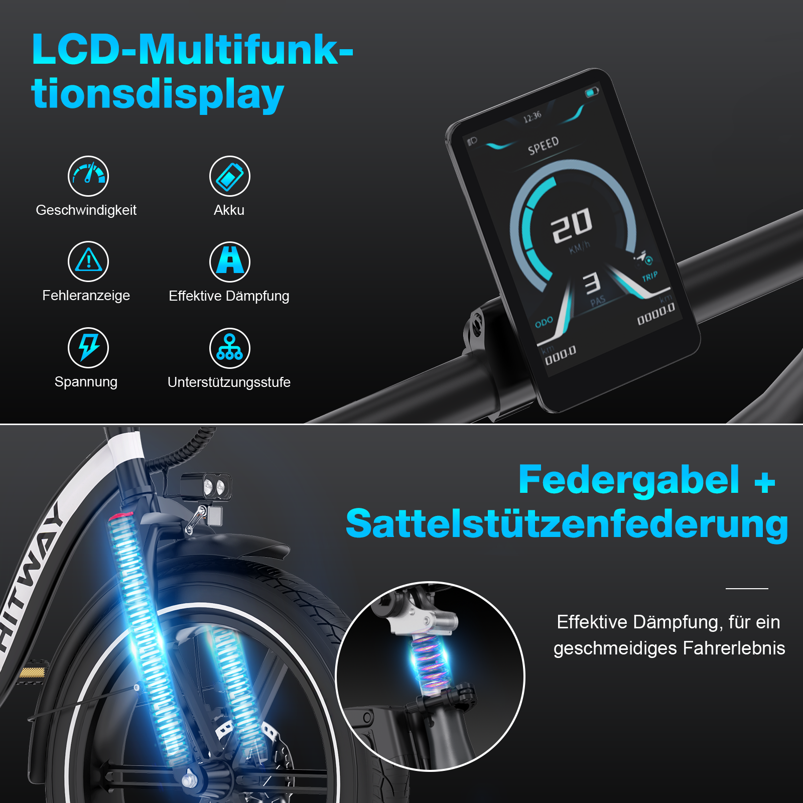 Ein Elektrofahrrad-Display zeigt Geschwindigkeit und andere Daten. Das Fahrrad hat Federung und ein digitales Display.