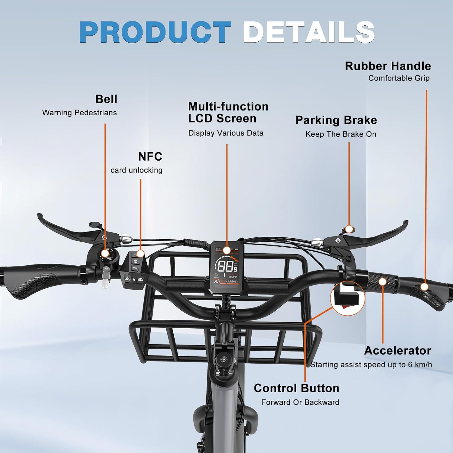 Nahaufnahme des Lenkers eines E-Scooters mit Details wie LCD-Bildschirm, Feststellbremse, Gaspedal und Bedienknopf mit Beschriftungen.