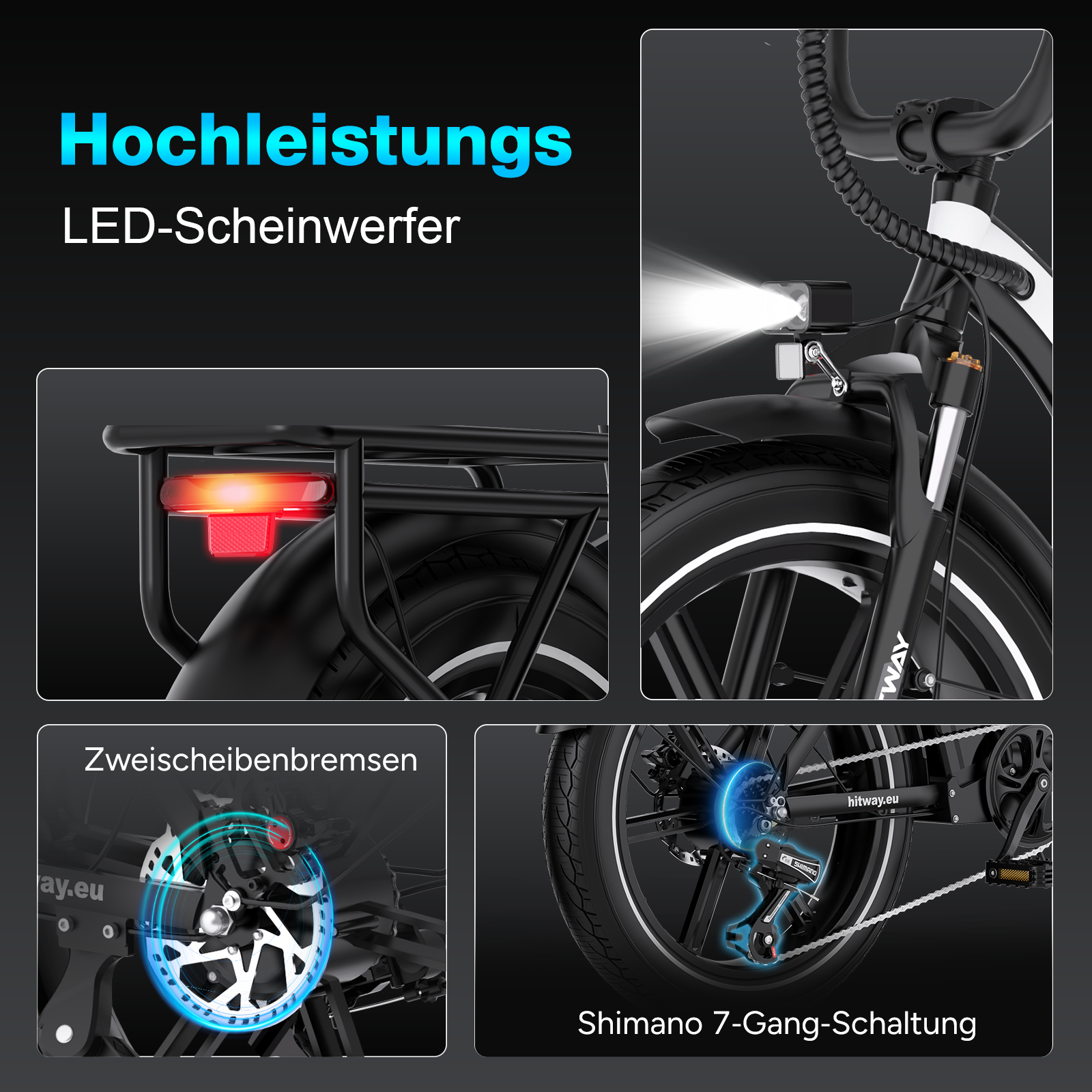 Ein E-Bike mit hellem Scheinwerfer und Rücklicht. Es hat Scheibenbremsen und ein Shimano 7-Gang-Getriebe.