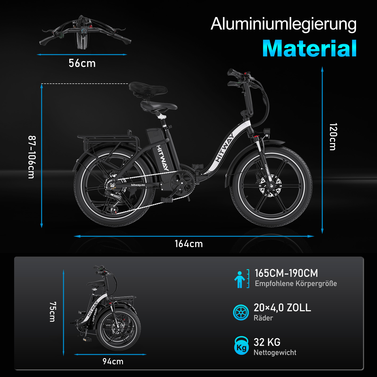 Ein schwarz-weißes Hitway-Elektrofahrrad mit Maßen auf schwarzem Hintergrund.