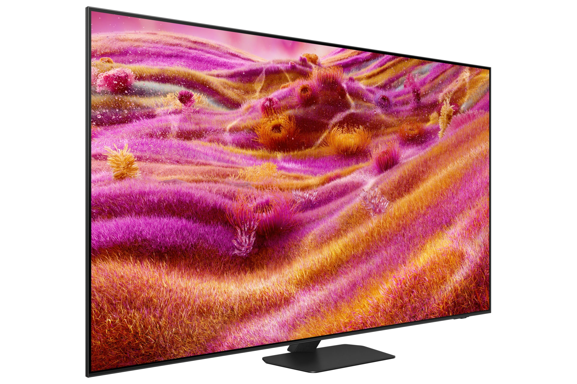 Un televisore mostra un paesaggio colorato di erba rosa e gialla. Il televisore ha una cornice e un supporto neri, su sfondo bianco.