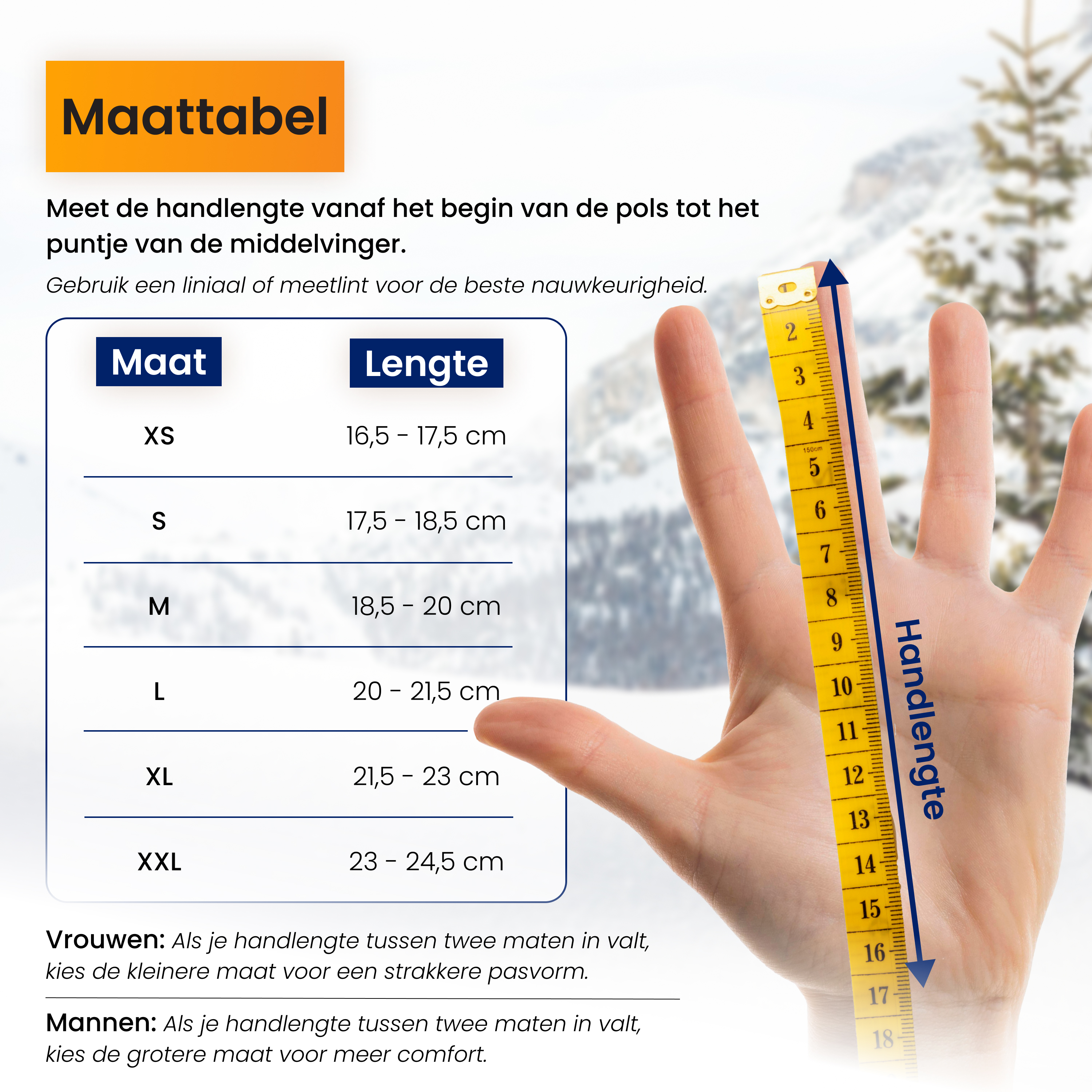 Image shows hand measuring hand length with a yellow tape measure, and a size chart for gloves.
