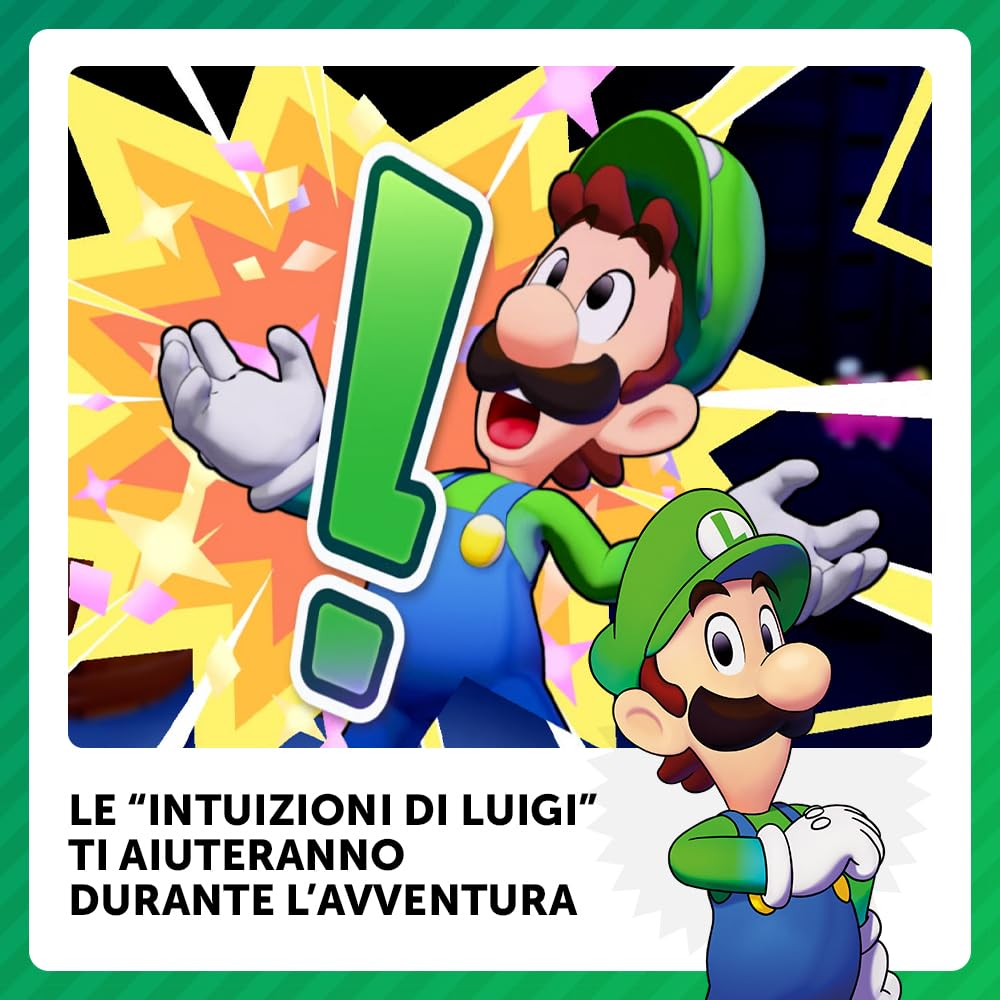 Luigi con cappello e tuta verde, punto esclamativo e sfondo giallo.
