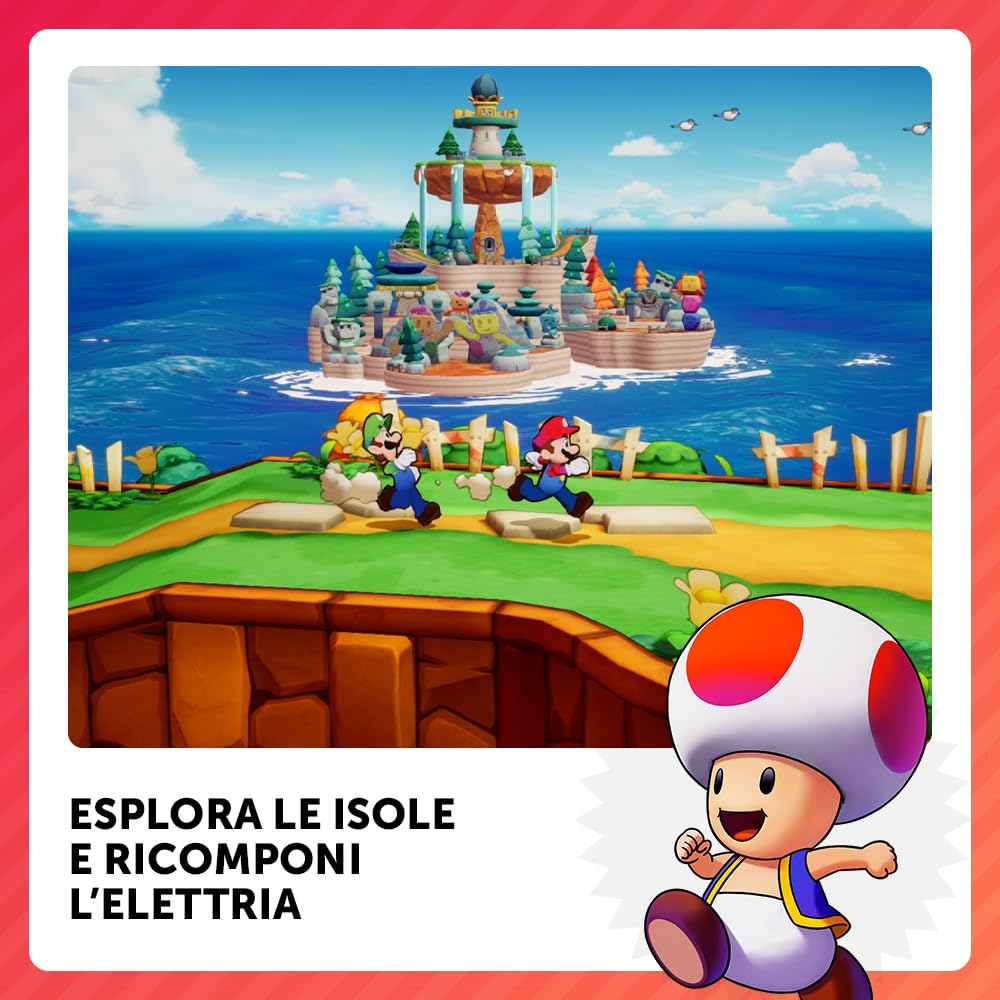 Mario e Luigi corrono su una piattaforma verde verso un'isola. Un faro sorge sull'isola, circondata dal mare.