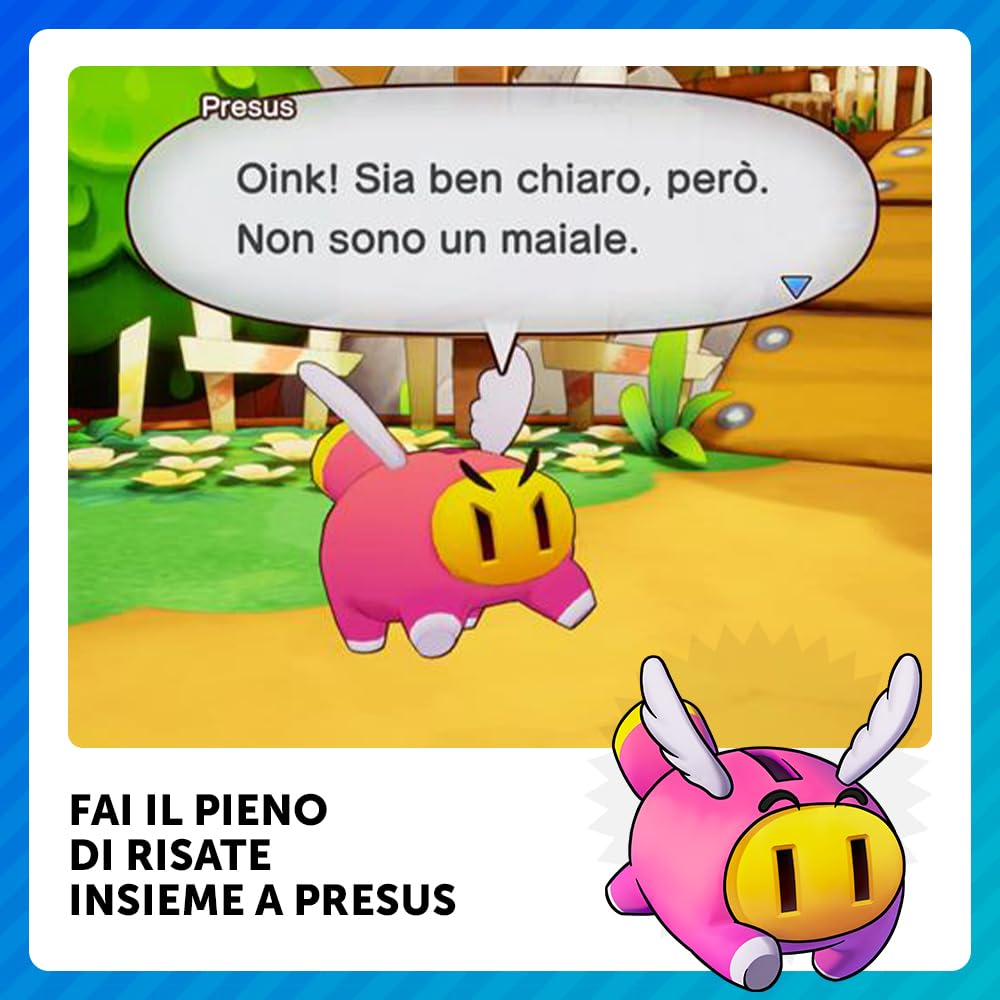 Un personaggio rosa a forma di maiale con muso giallo e occhi arrabbiati. La nuvoletta dice: 'Oink! Non sono un maiale!'. Lo sfondo è una scena a cartoni animati.