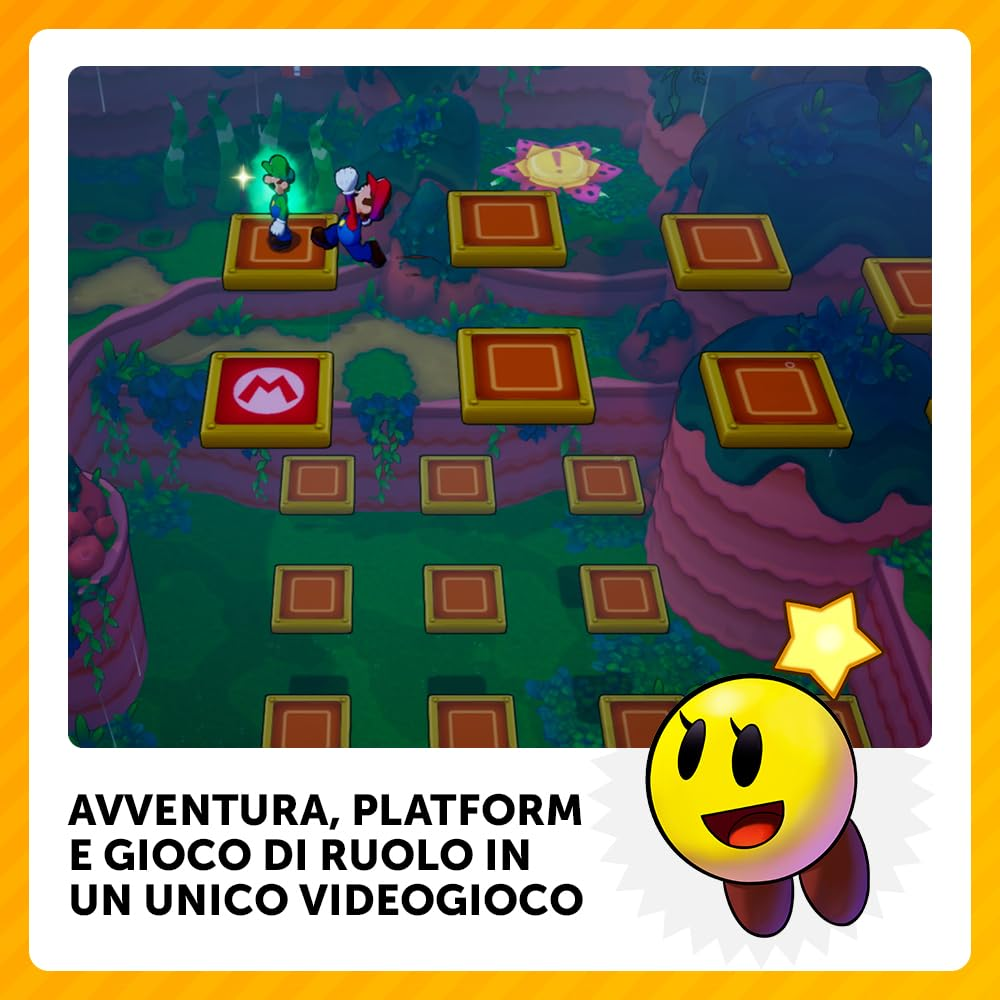 Mario e Luigi su piattaforme. Scena di gioco con piattaforme, un fiore e un personaggio giallo sorridente con una stella.