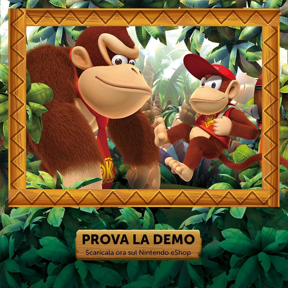 Donkey Kong i Diddy Kong w scenerii dżungli, w ramce. Donkey Kong stoi, Diddy skacze. Drewniana tablica: PROVA LA DEMO.