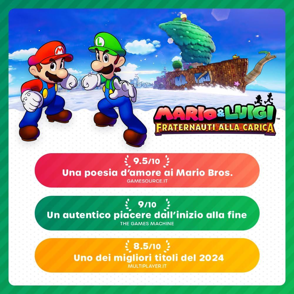 Personaggi di Mario e Luigi. Titolo del gioco 'Mario & Luigi'. Recensioni con punteggi: 9.5/10, 9/10, 8.5/10.