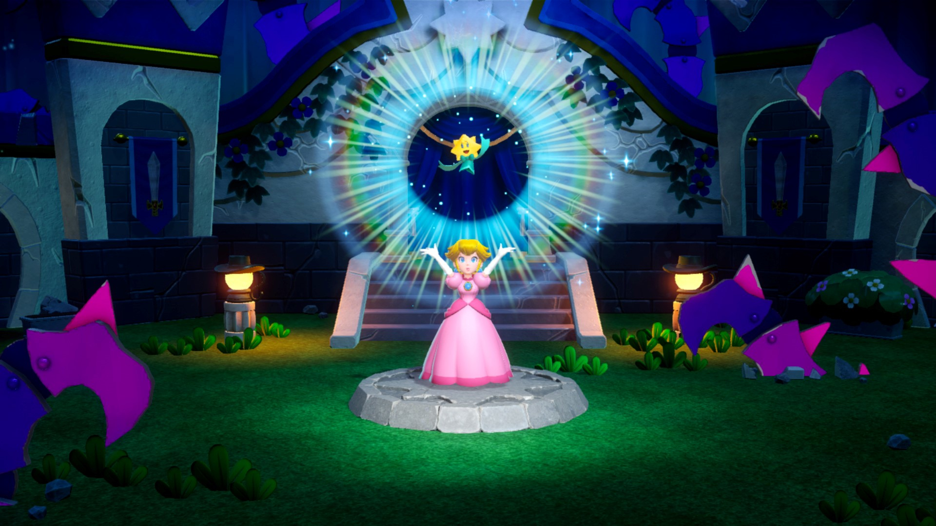 La principessa Peach in abito rosa è davanti a un portale. Una stella brilla. Castello sullo sfondo. Erba verde e lanterne ai lati.