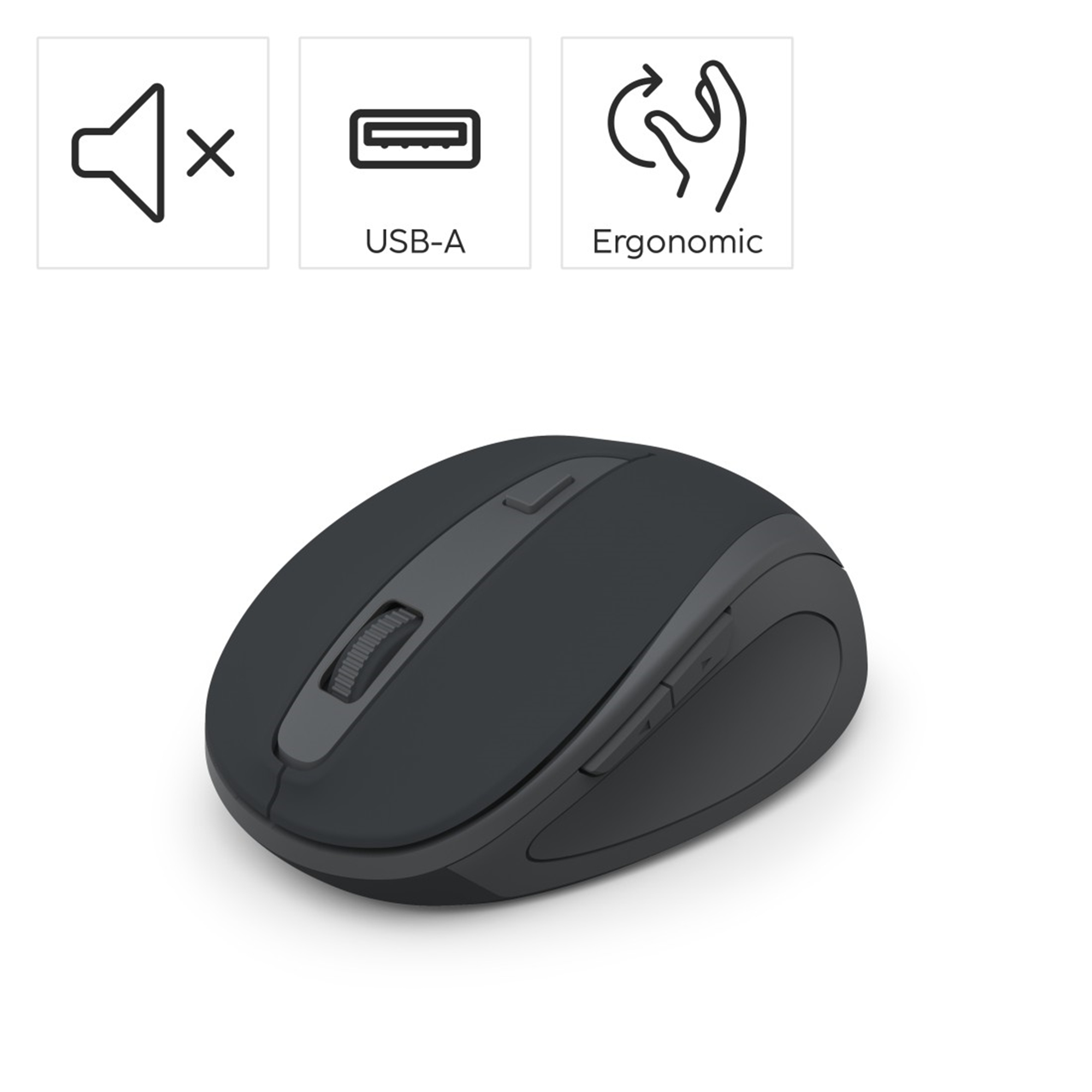 Eine dunkelgraue ergonomische Maus mit Scrollrad, Tasten und einem USB-A-Symbol.