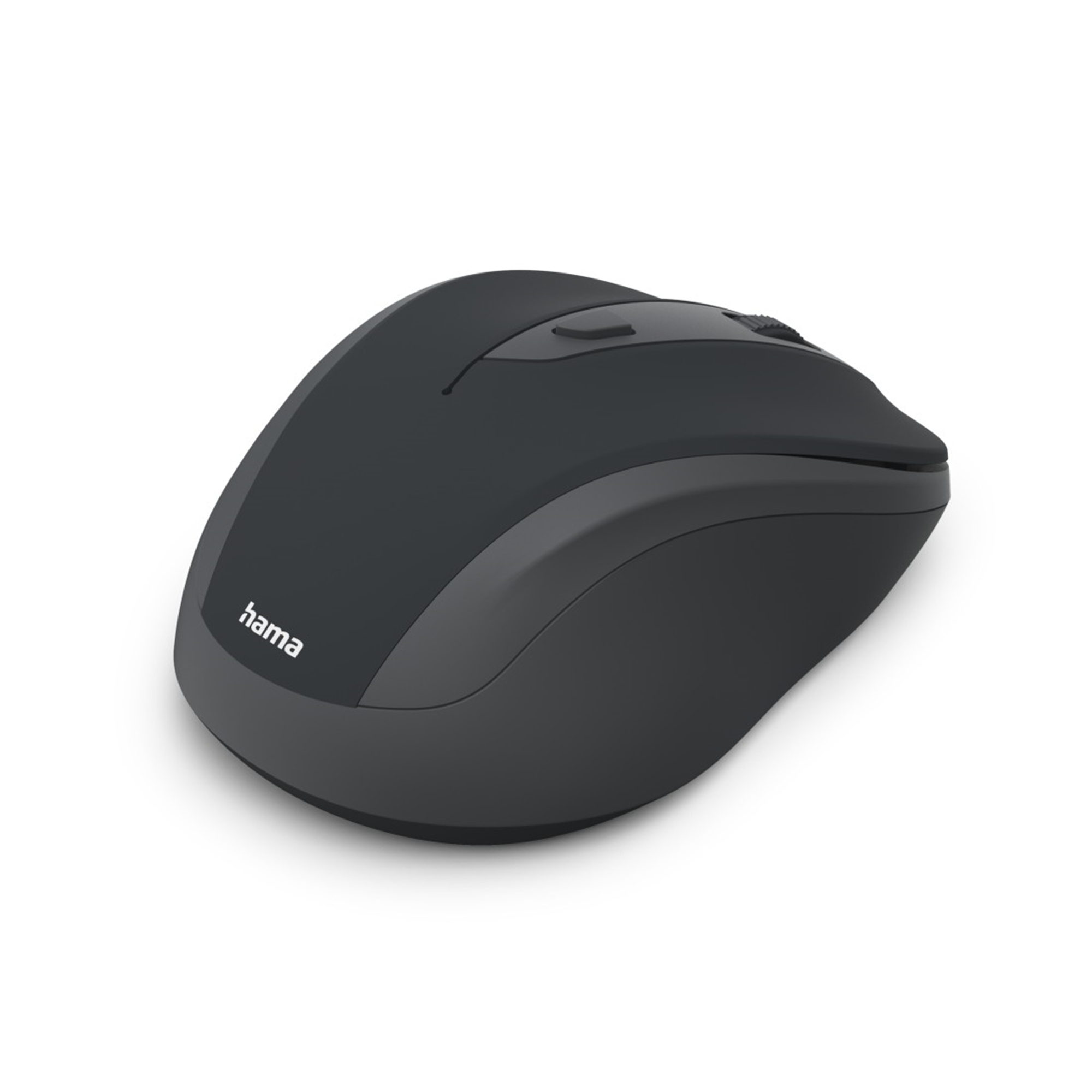 Dunkelgraue kabellose Hama-Maus auf weißem Hintergrund. Die Maus hat ein Scrollrad und das Hama-Logo.