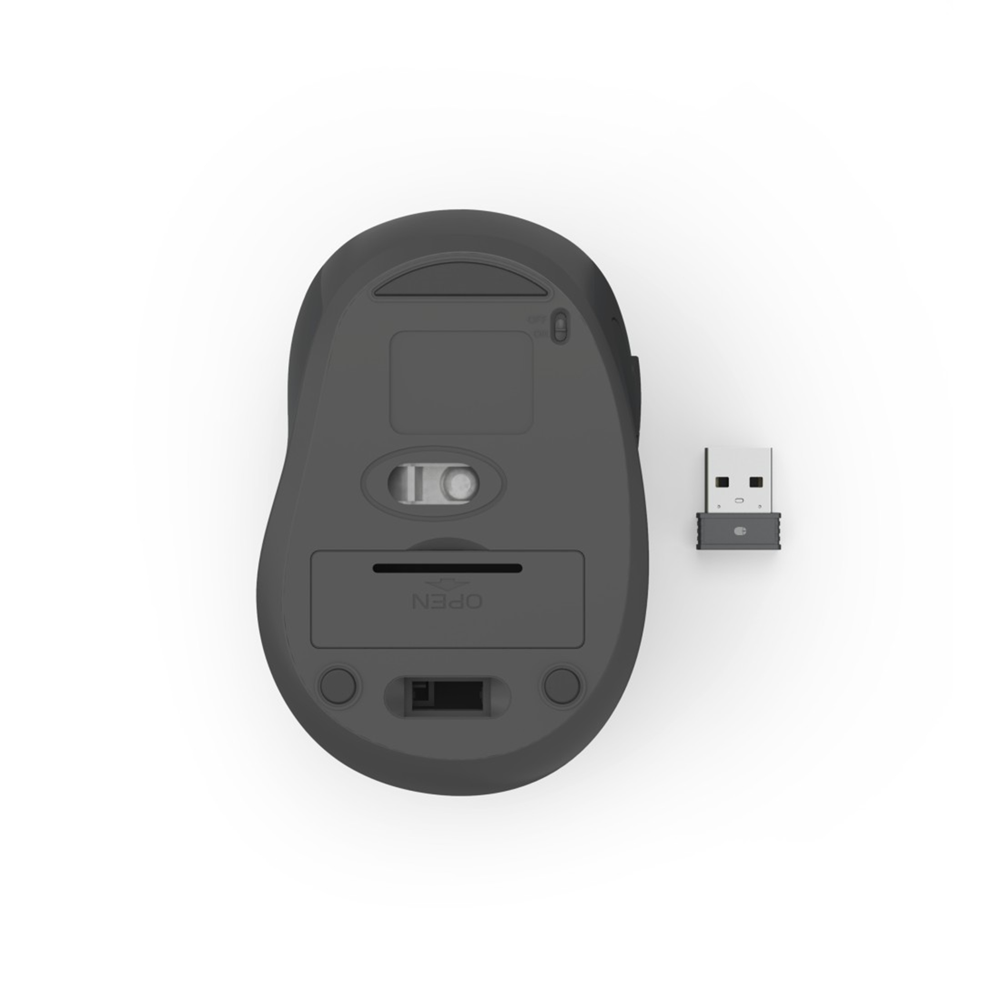 Eine schwarze Computermaus und ein USB-Empfänger auf weißem Hintergrund. Die Maus ist von unten zu sehen.