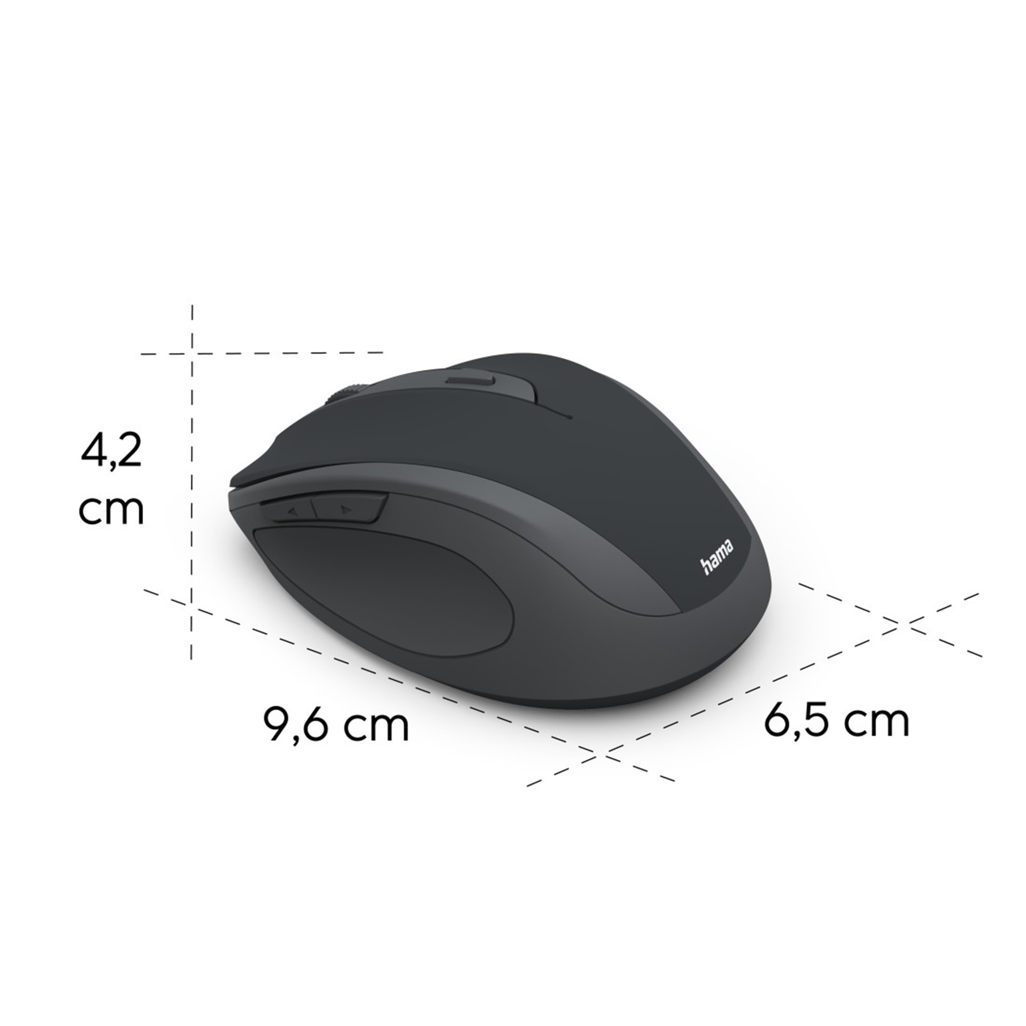 Eine dunkelgraue kabellose Hama-Maus mit angegebenen Abmessungen. Sie hat Tasten und ein Scrollrad, das Hama-Logo ist sichtbar.
