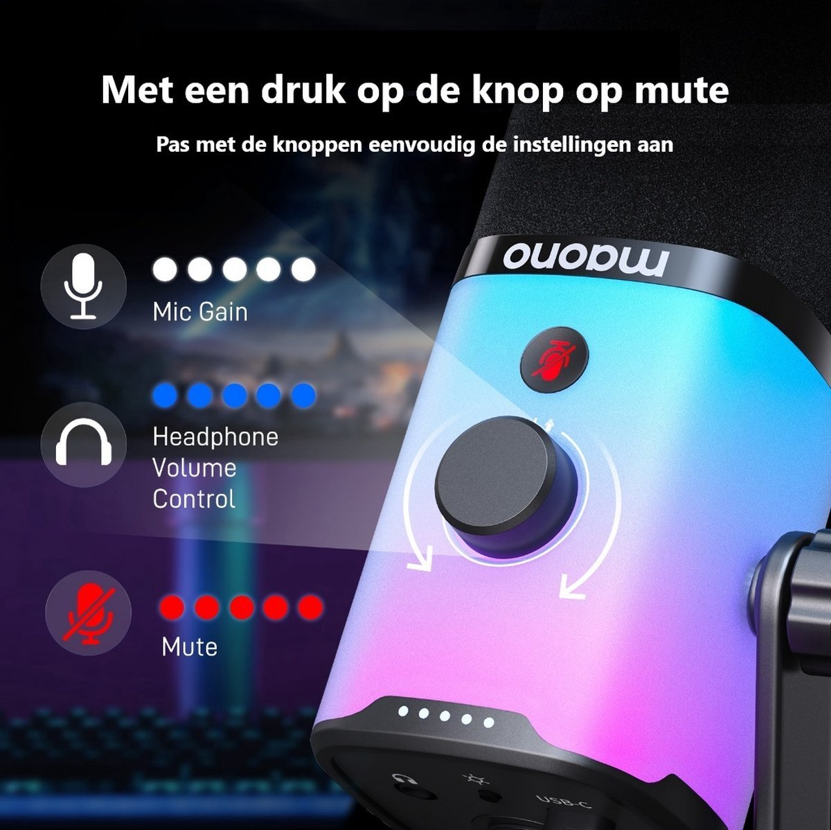 Een microfoon met volumeregelaars en mute-functie, verlicht met blauwe, paarse en roze lichten.