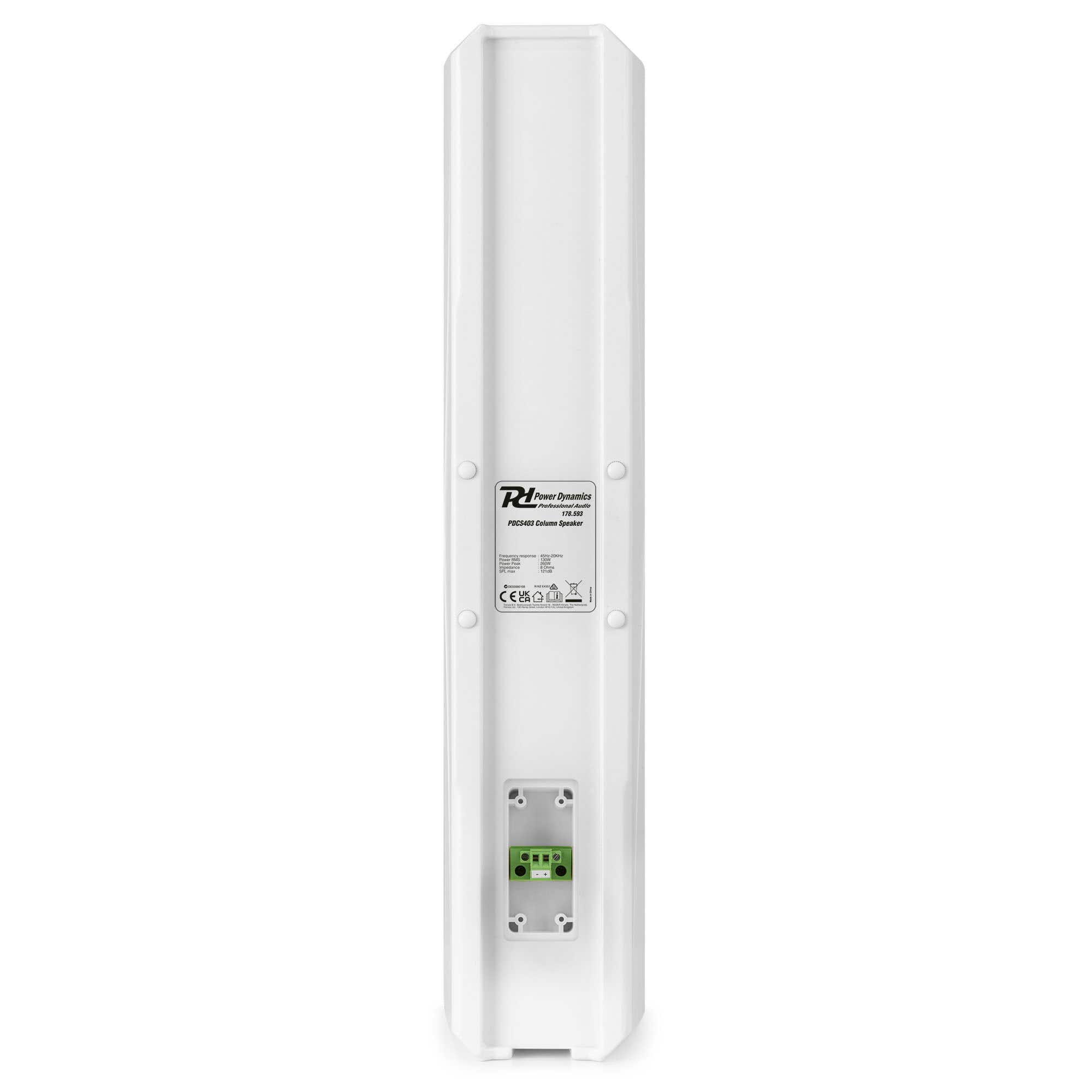 Un altavoz de columna blanco con el logotipo de Power Dynamics y especificaciones en la parte trasera.